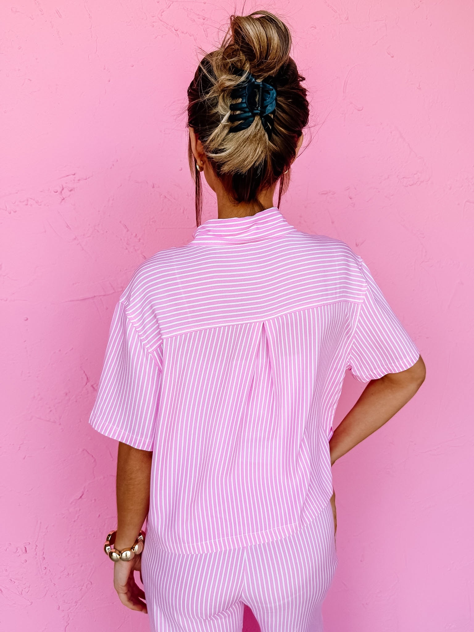 Winnola Striped Collared Top-Pink