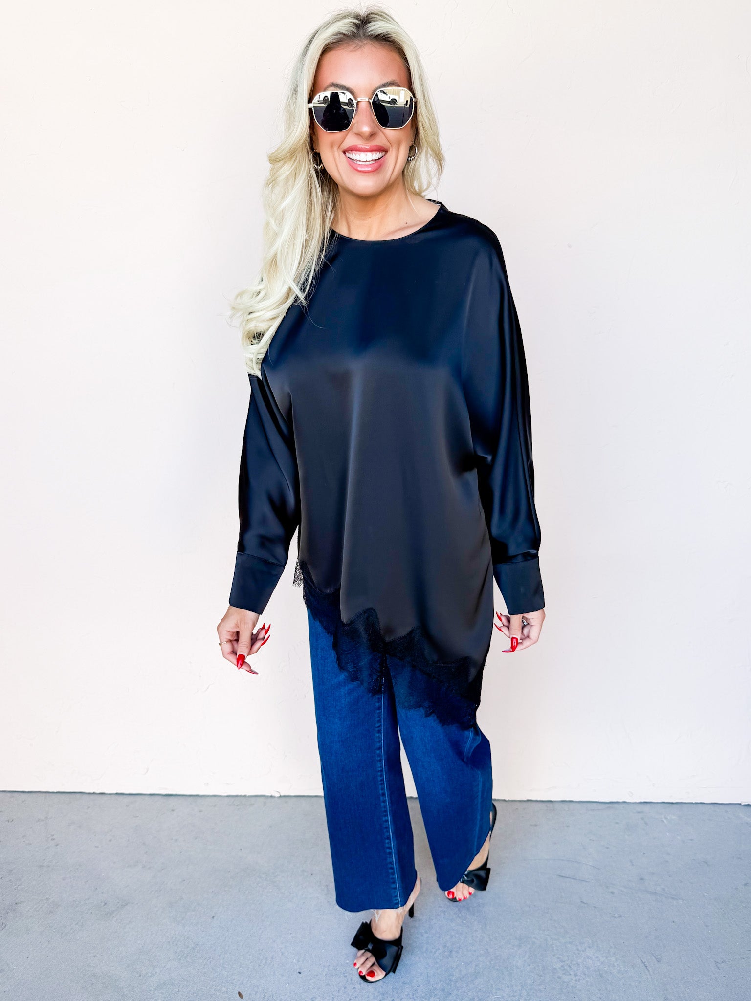 Clancy Satin Asymmetric Lace Trim Top