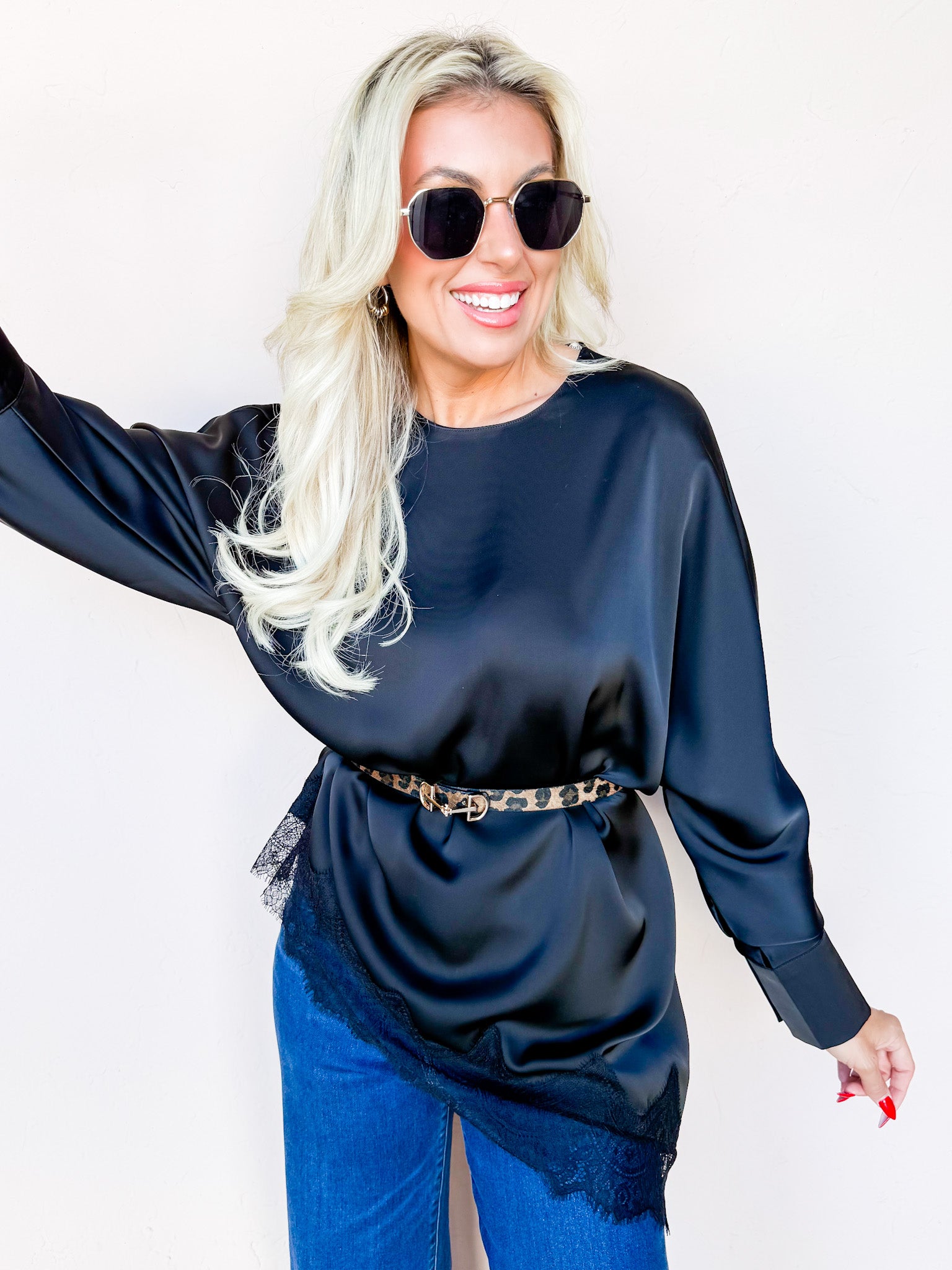 Clancy Satin Asymmetric Lace Trim Top