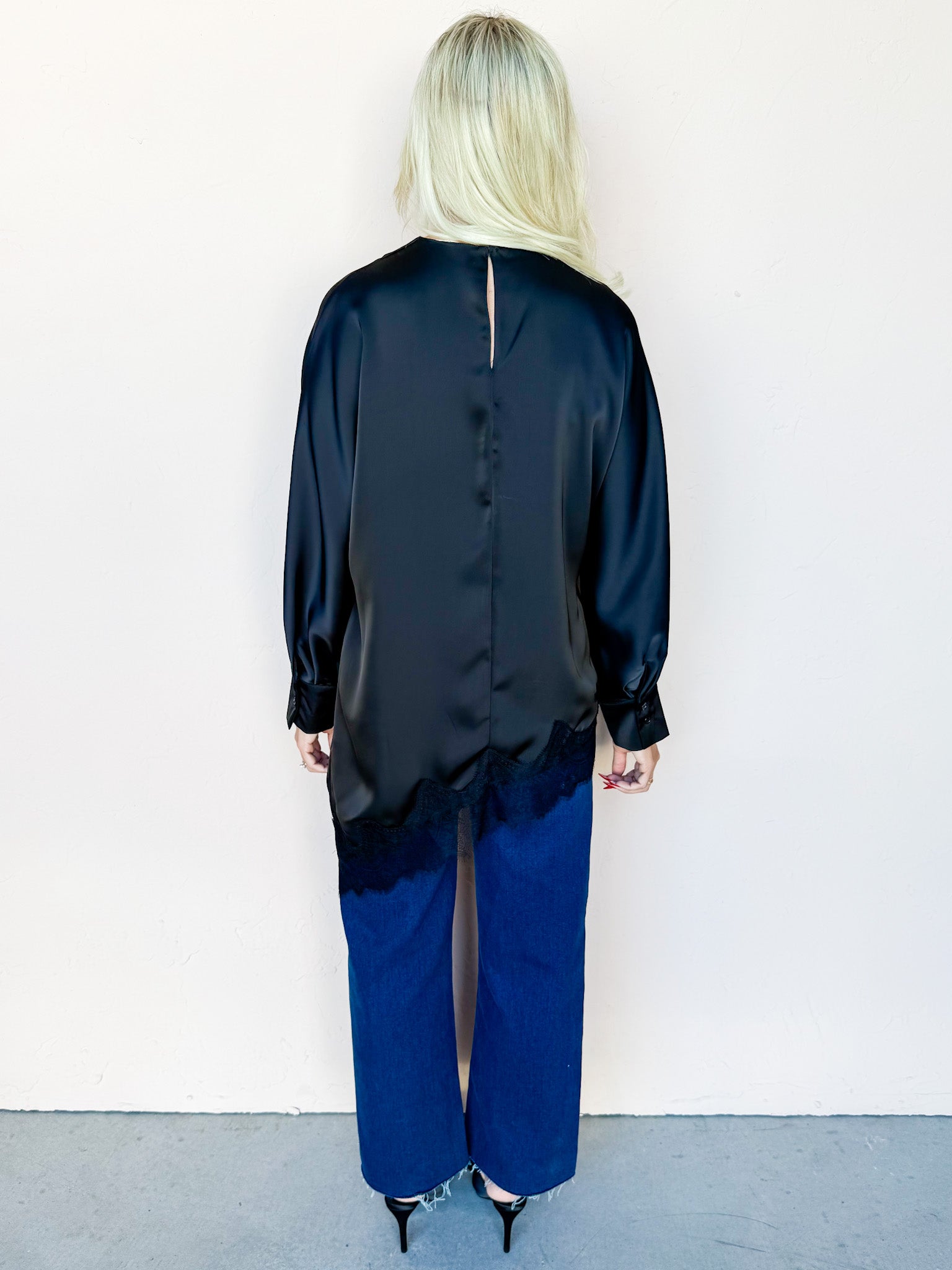 Clancy Satin Asymmetric Lace Trim Top