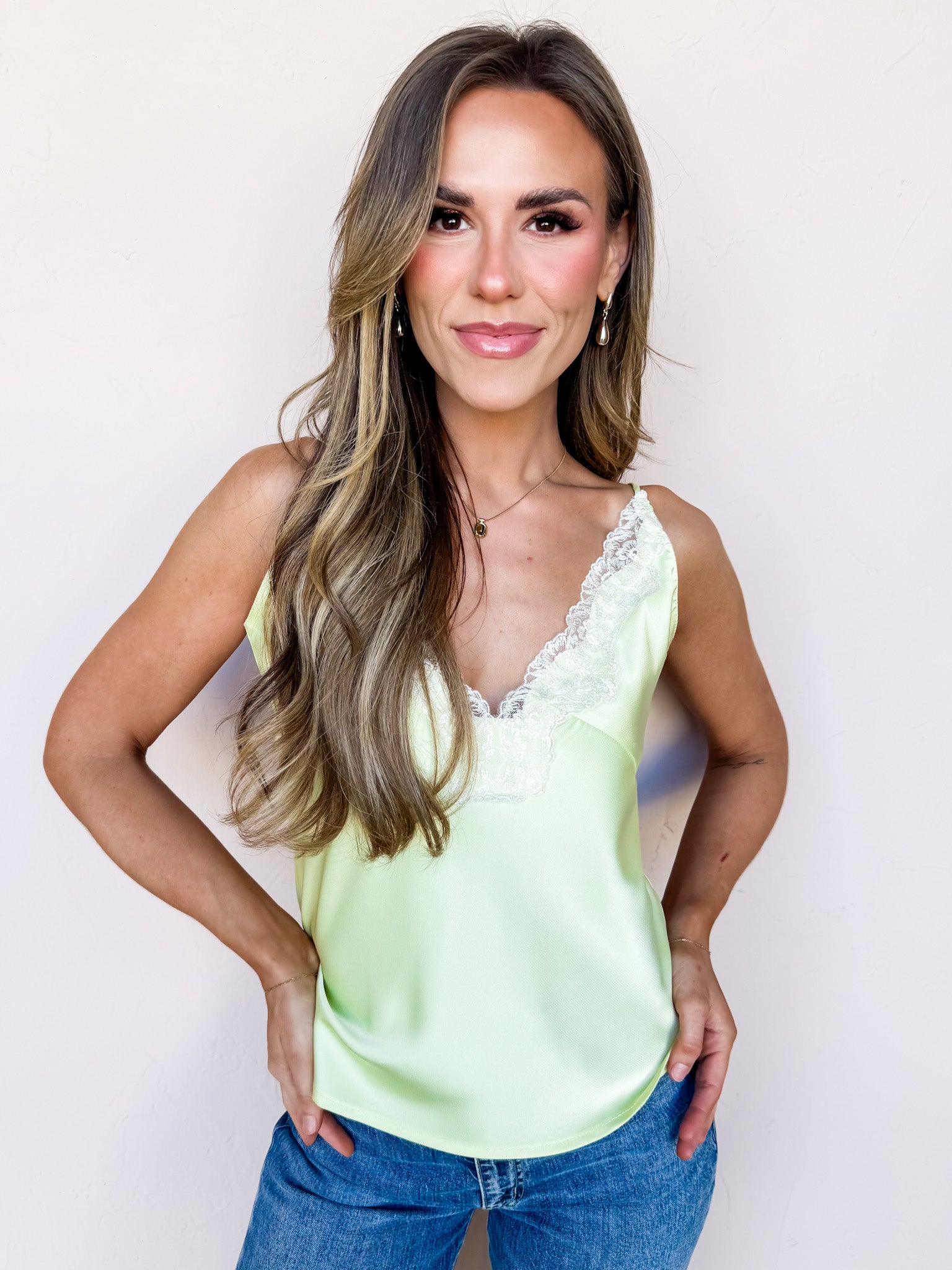 Jane Lace Trim Satin Cami-Yellow