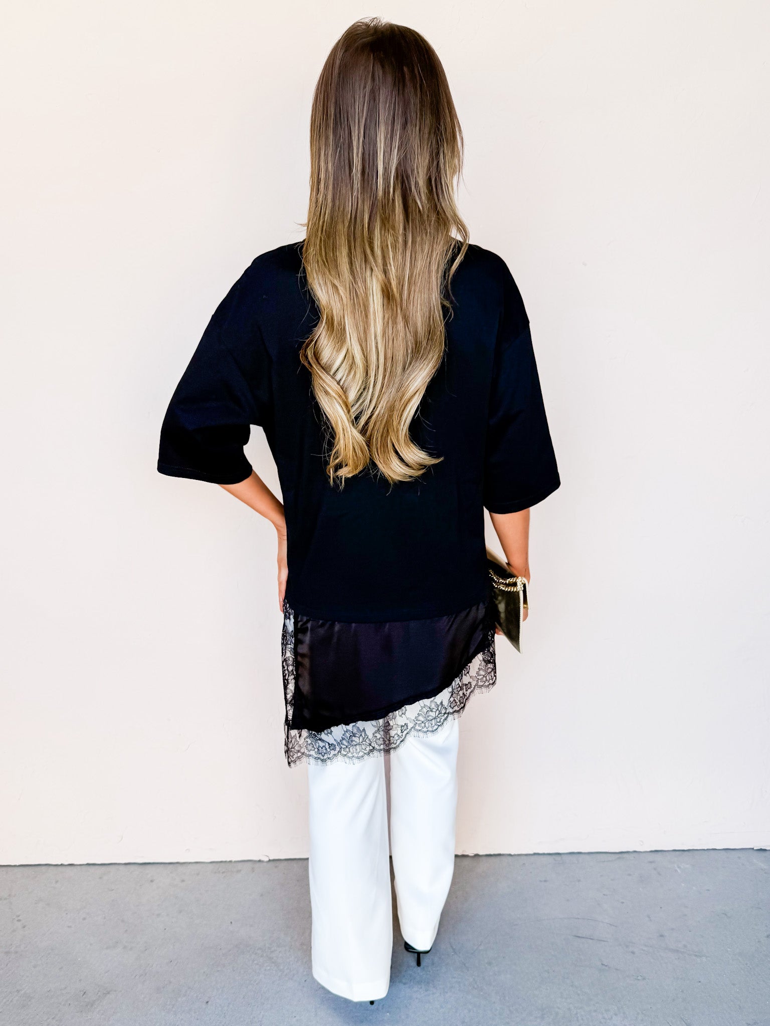 Monroe Asymmetric Lace Trim Top-Black