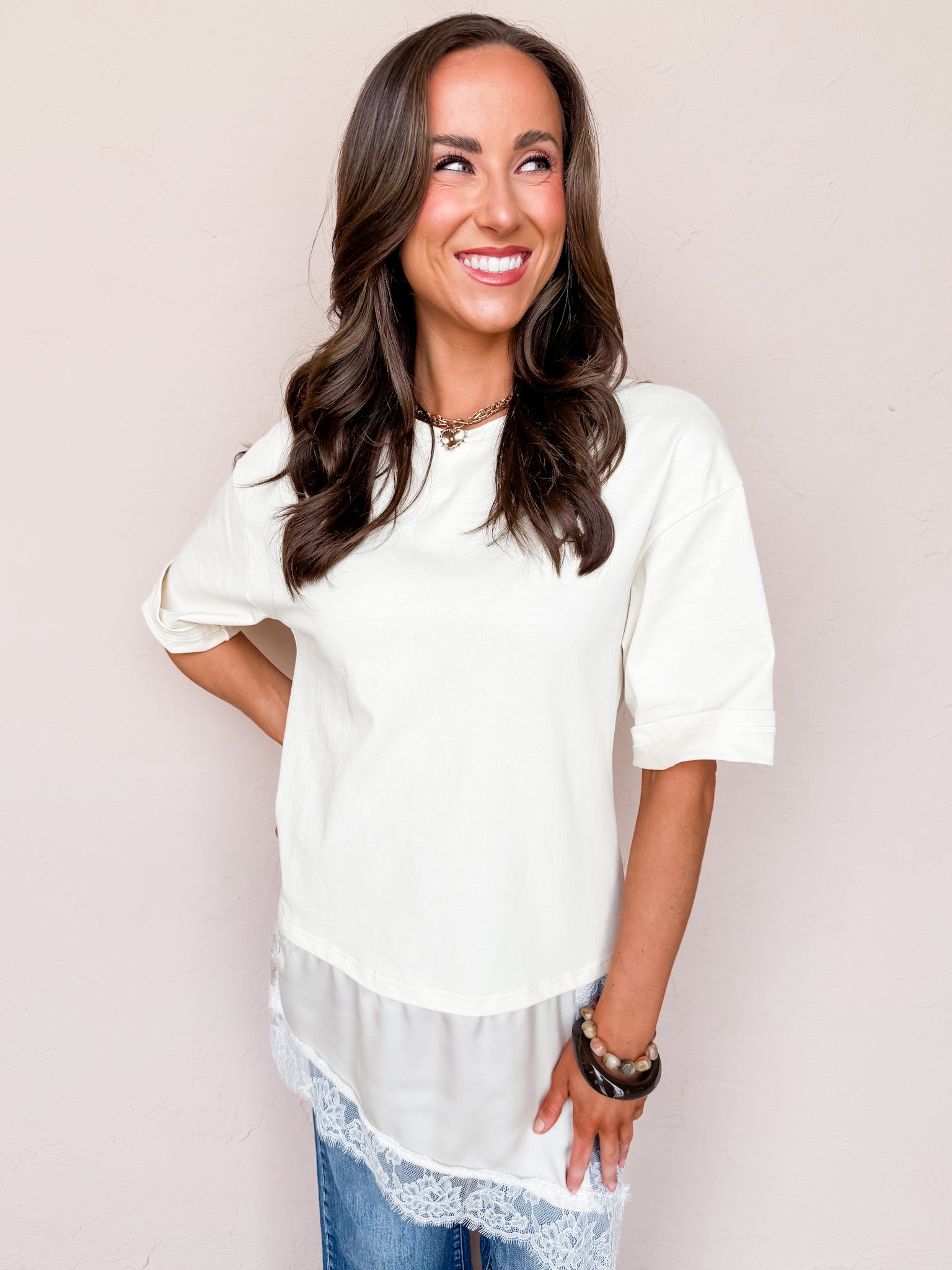 Monroe Asymmetric Lace Trim Top-Off White