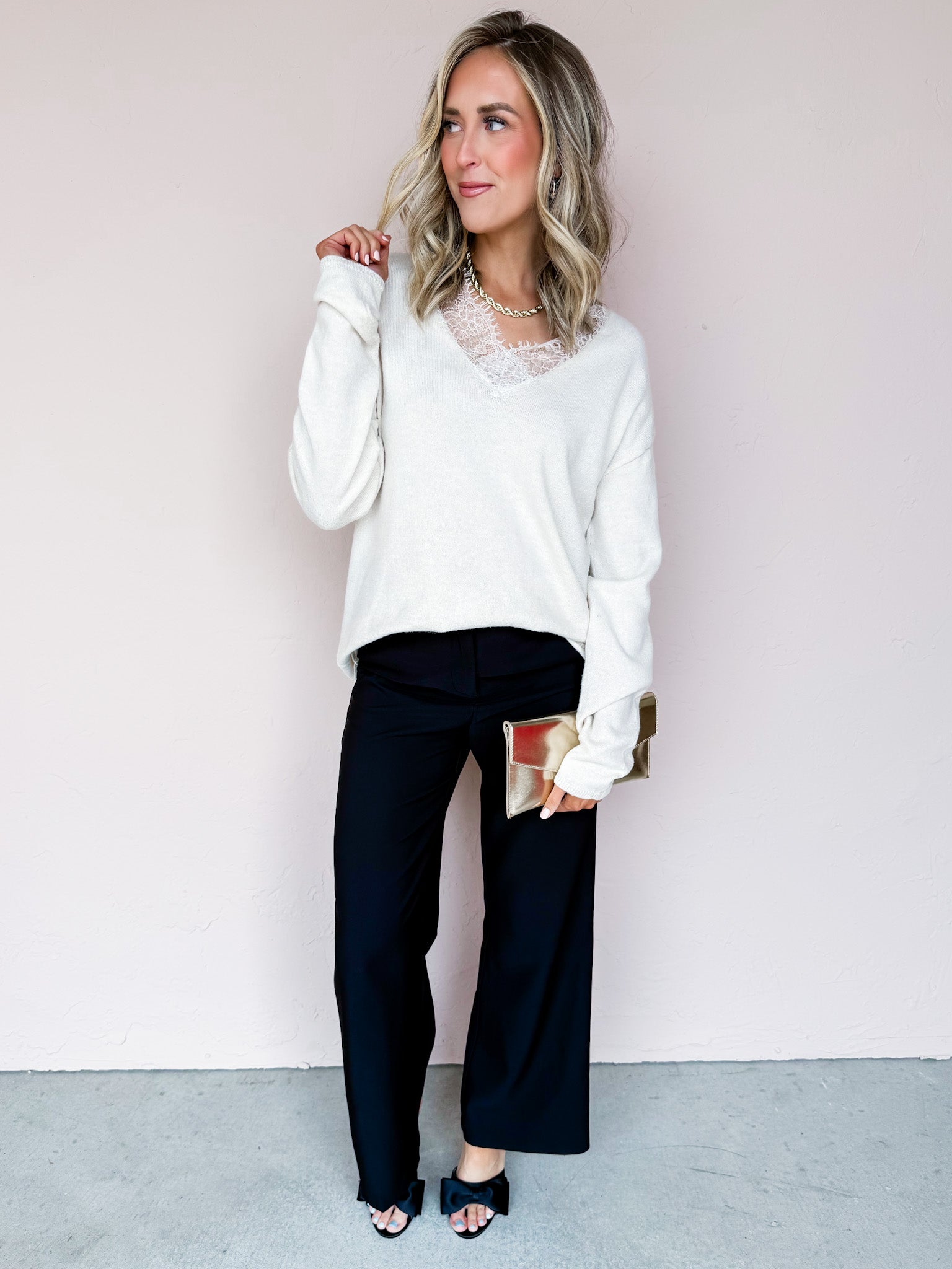Jamie Lace Trim V Neck Sweater-Off White