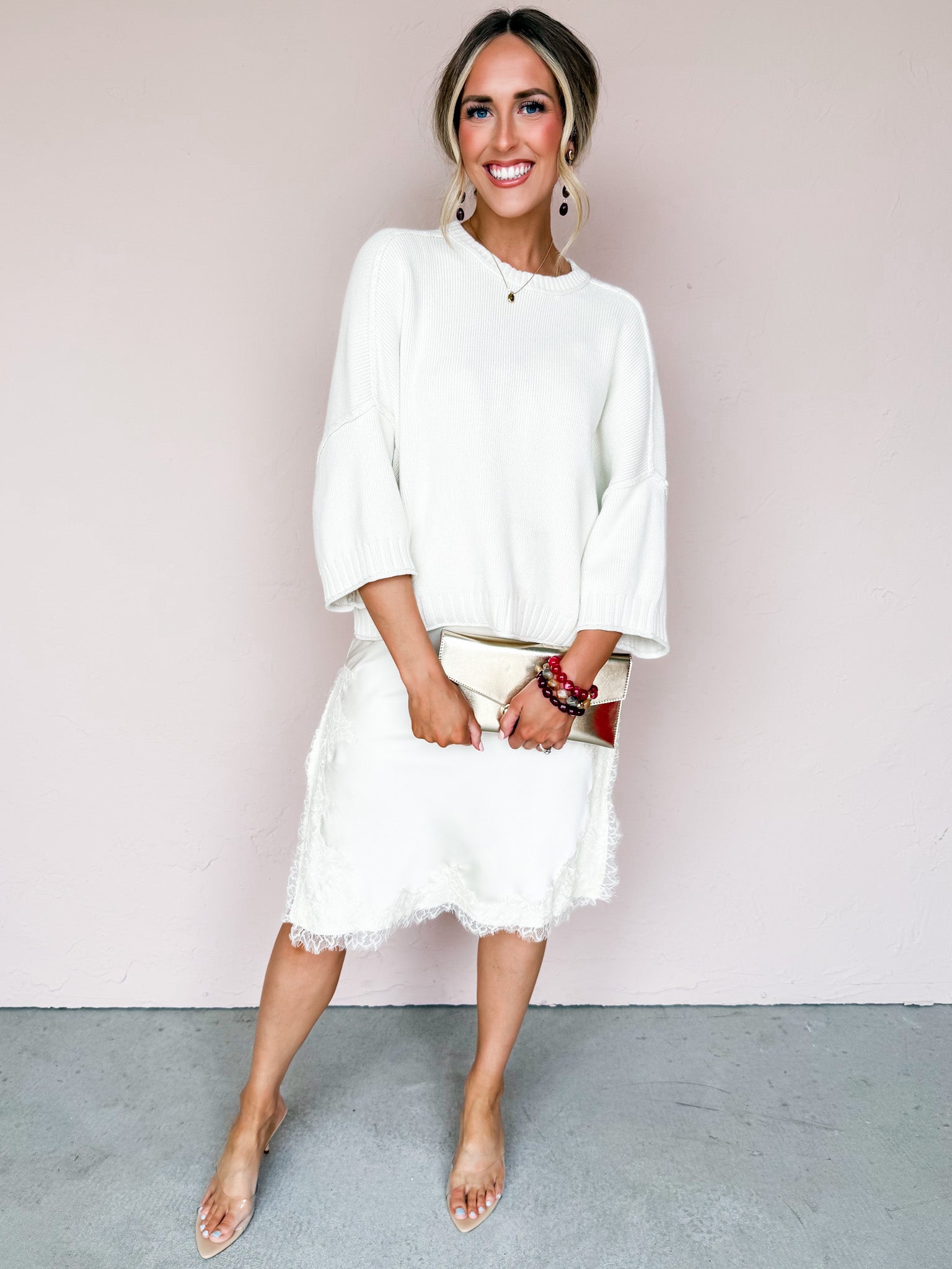 Jolie Satin And Lace Dress-Off White