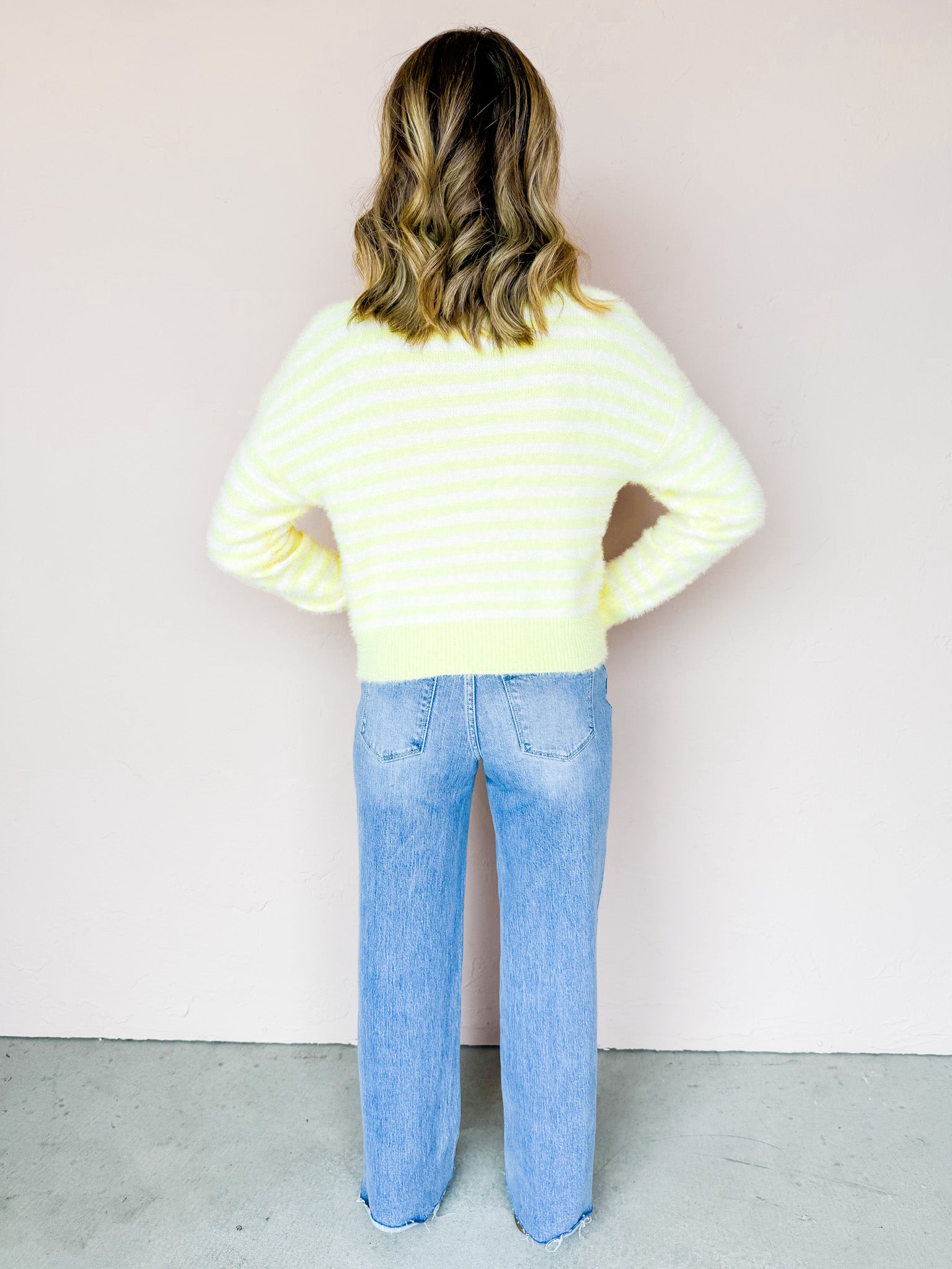 Kate Striped Fuzzy Cardigan-Butter Yellow