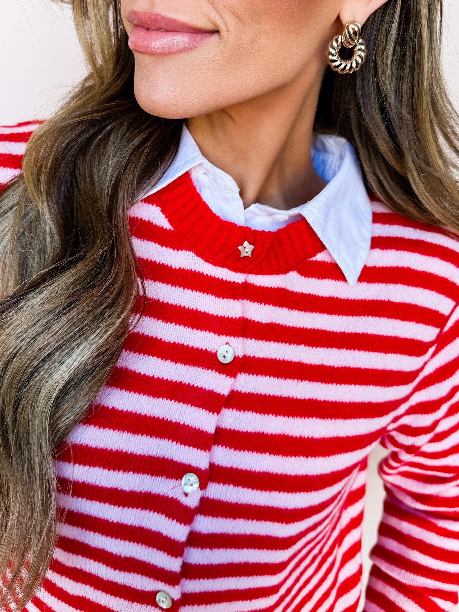 Kendall Striped Button Front Cardigan-Red