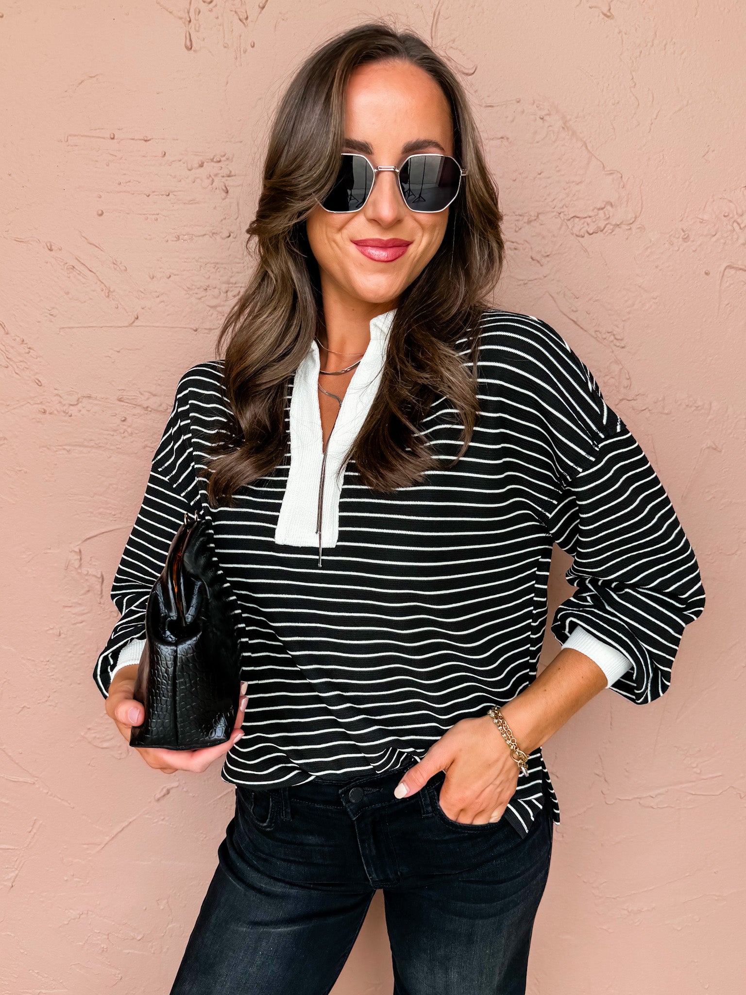 Chestnut Charm Striped Knit Top-Black