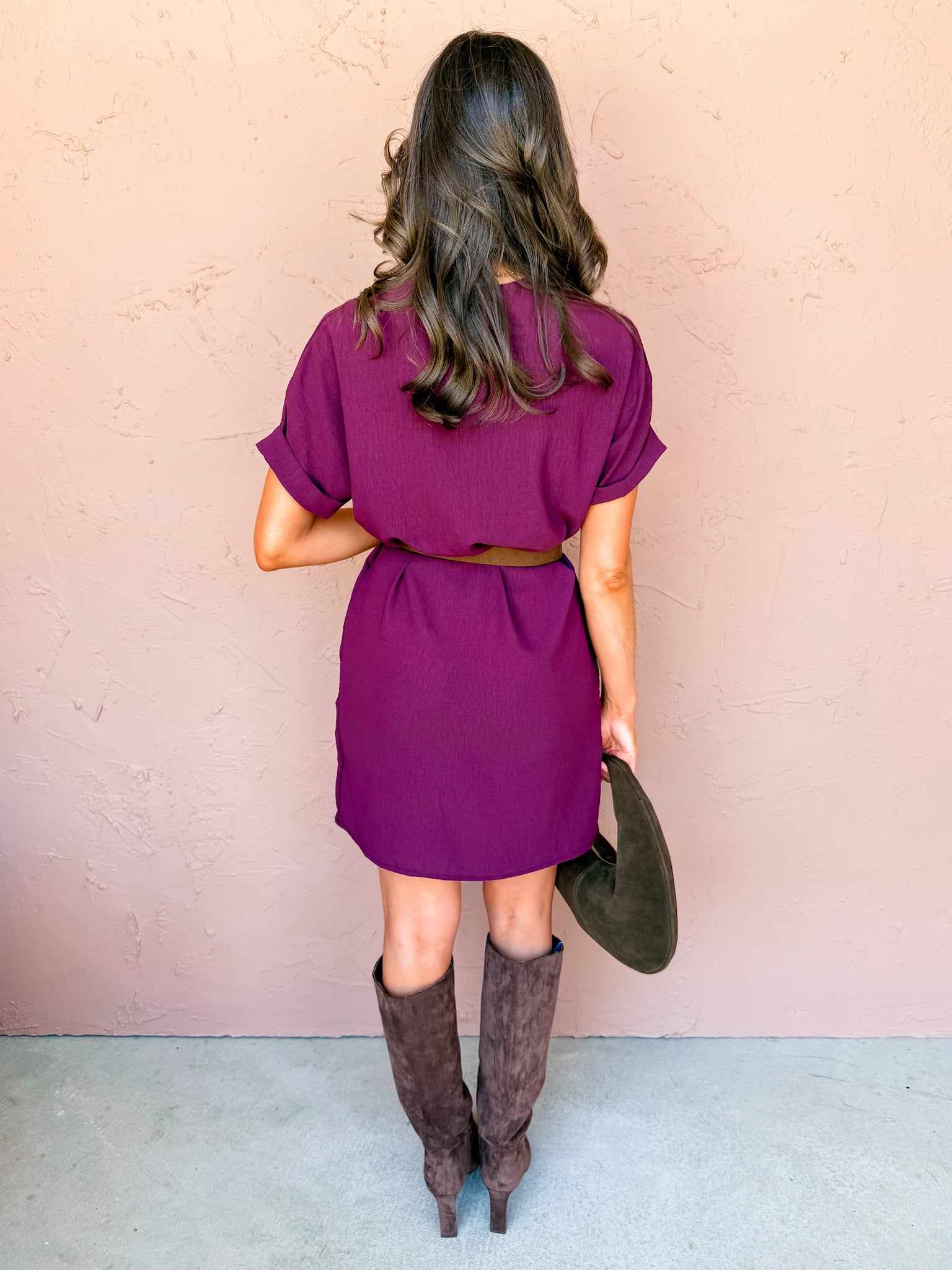 Lead Story Pleated Shift Dress-Plum
