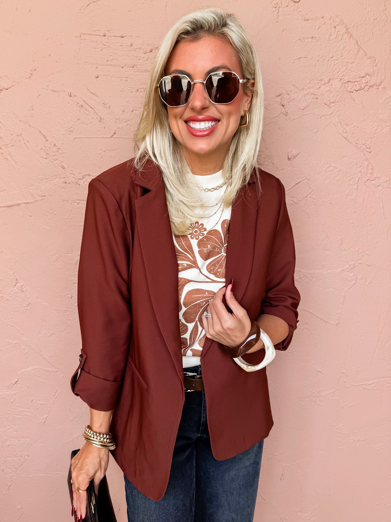 Paula Open Front Blazer Jacket-Brown