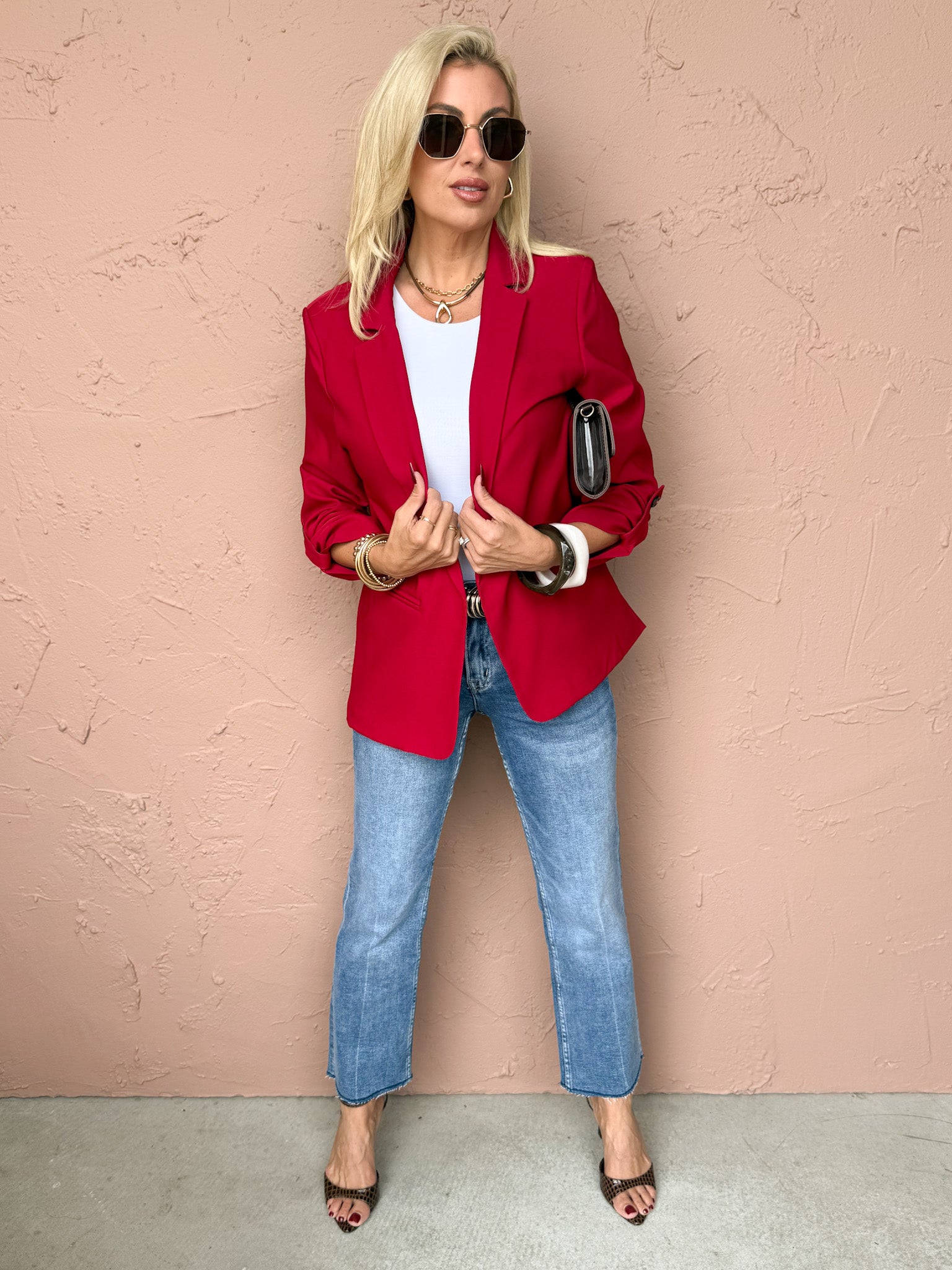 Paula Open Front Blazer Jacket-Dark Red