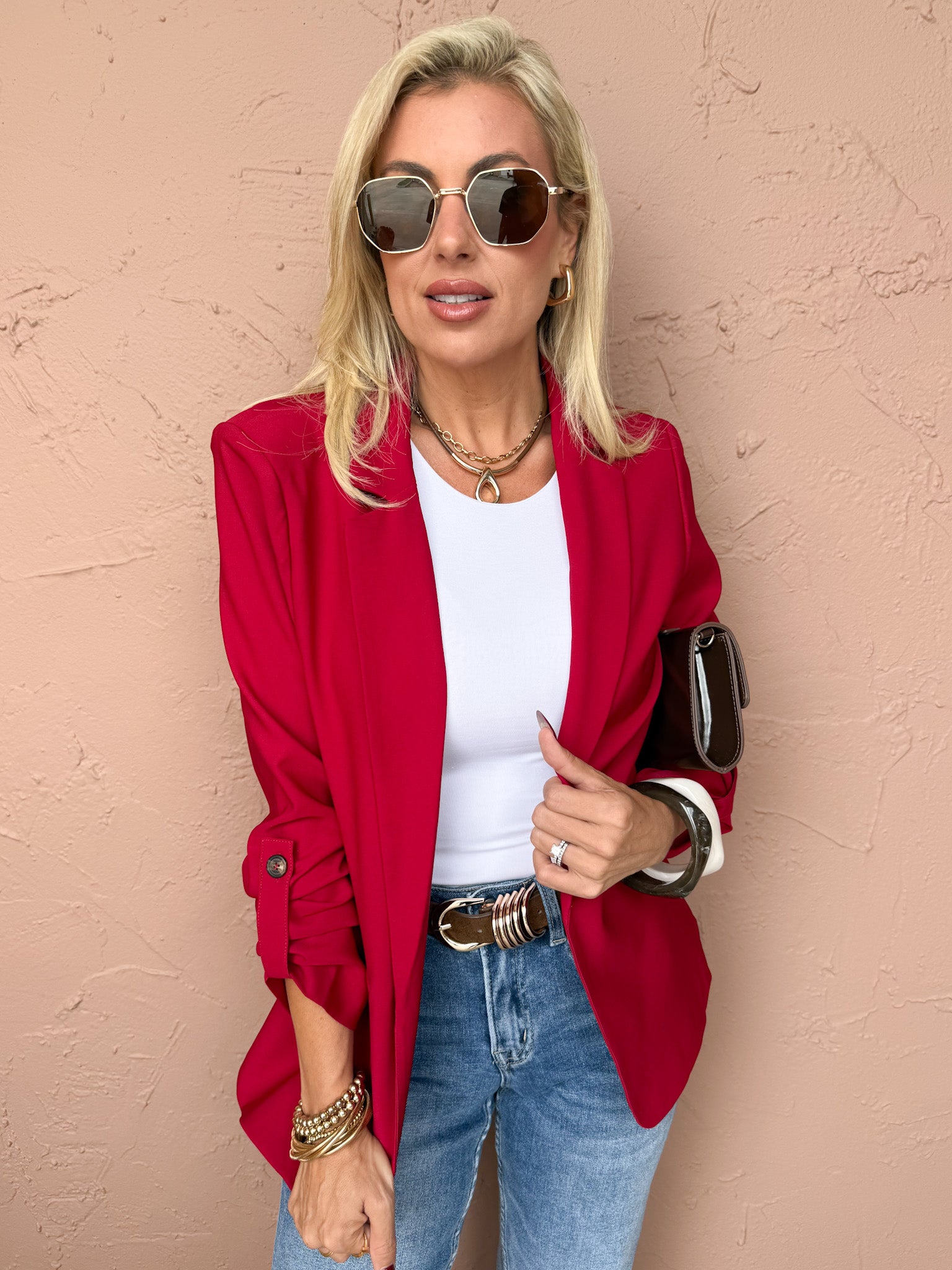 Paula Open Front Blazer Jacket-Dark Red