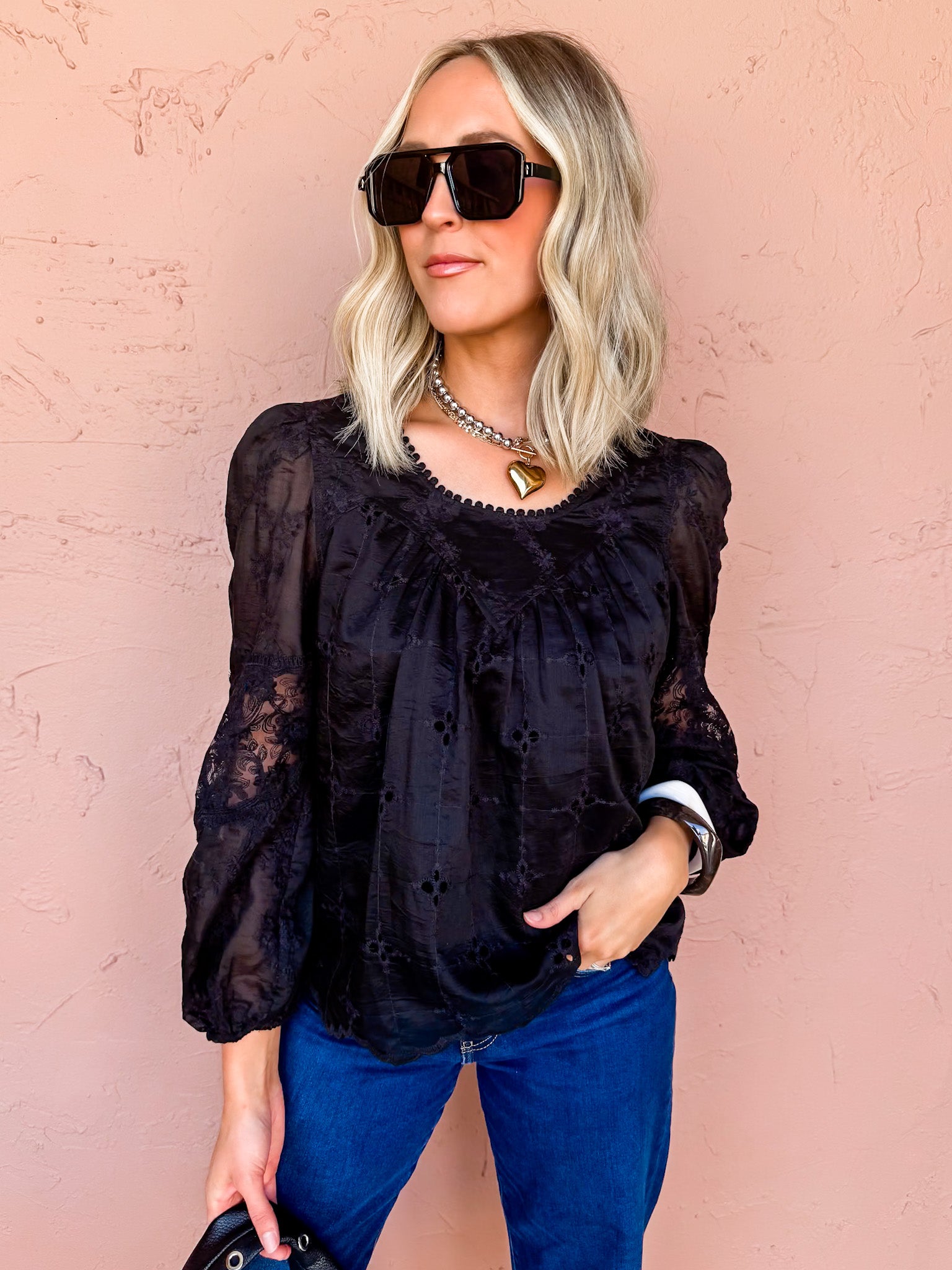 Can't Miss This Puff Sleeve Lace Top-Black