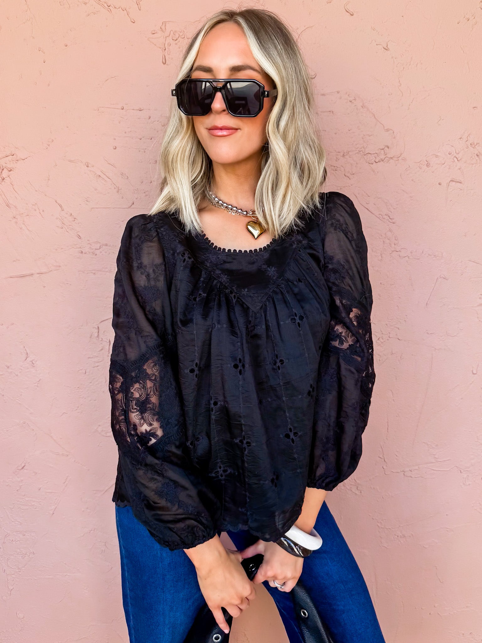 Can't Miss This Puff Sleeve Lace Top-Black