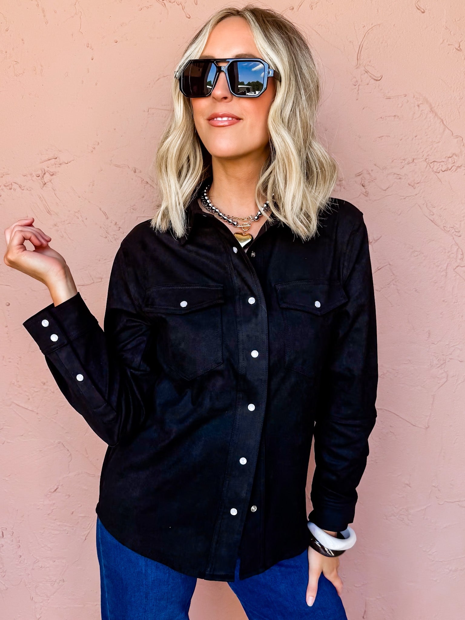Free Spirit Suede Button Front Jacket-Black