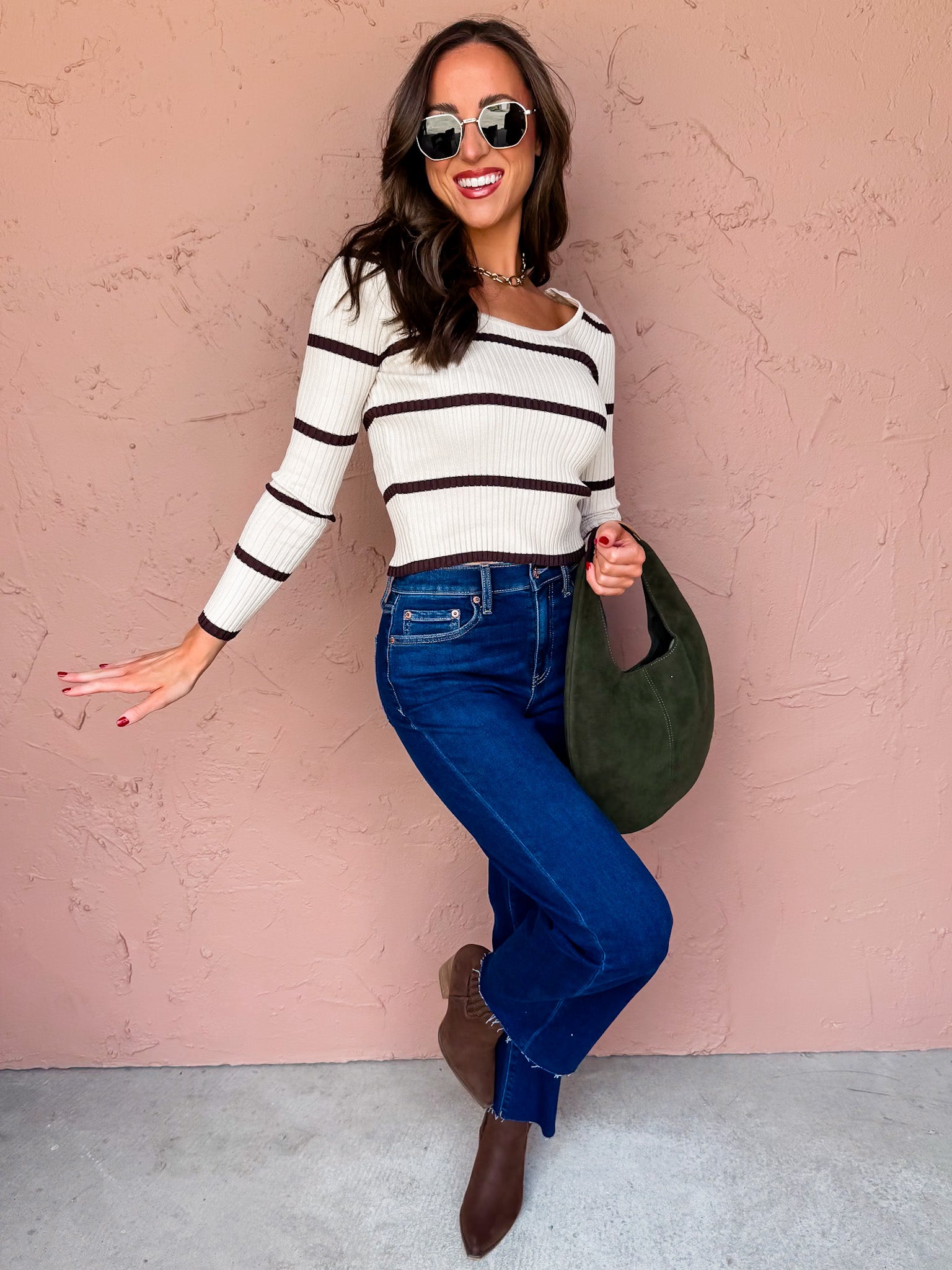 Guess Again Striped Scoop Neck Sweater-Beige