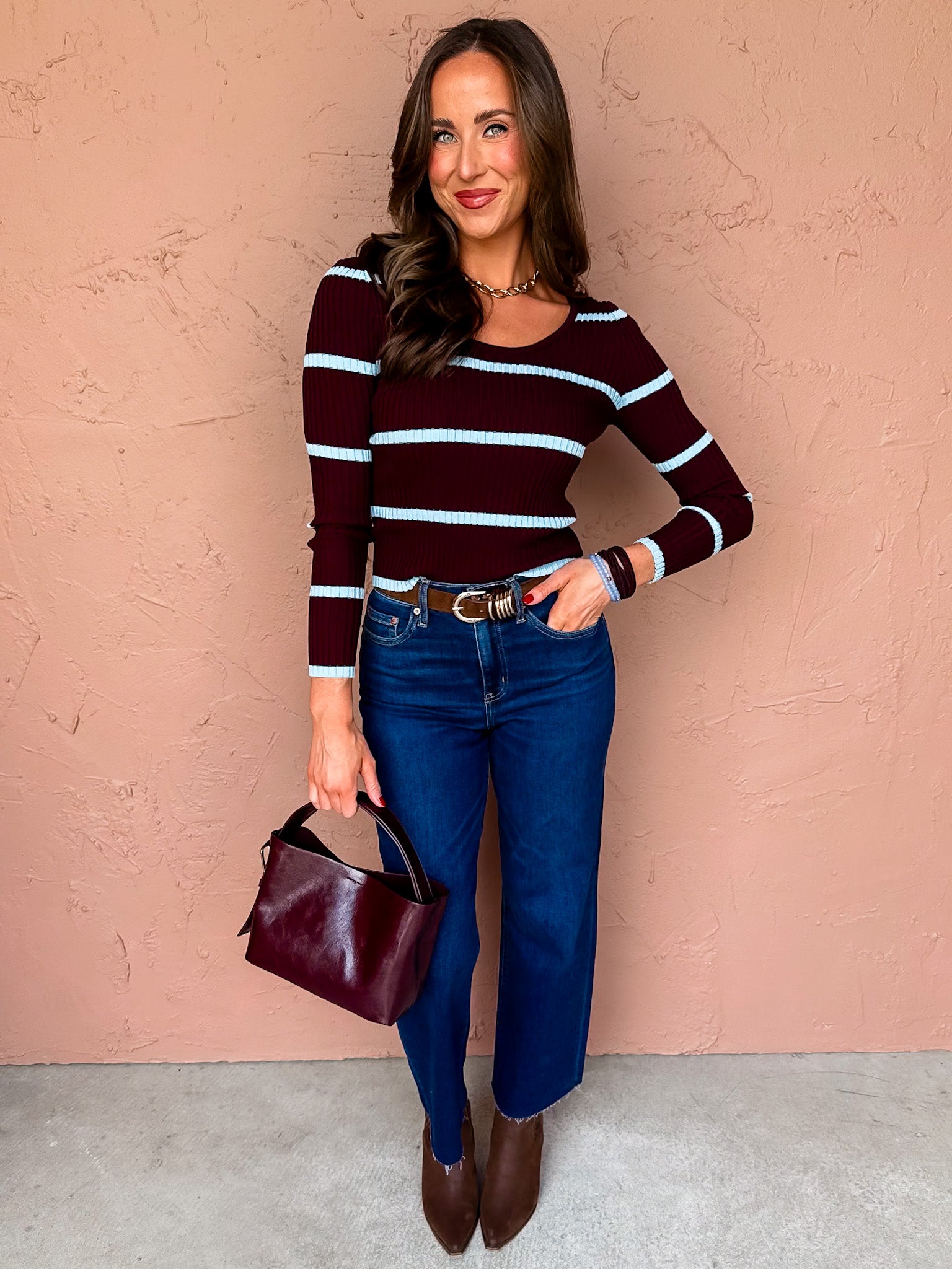 Guess Again Striped Scoop Neck Sweater-Maroon