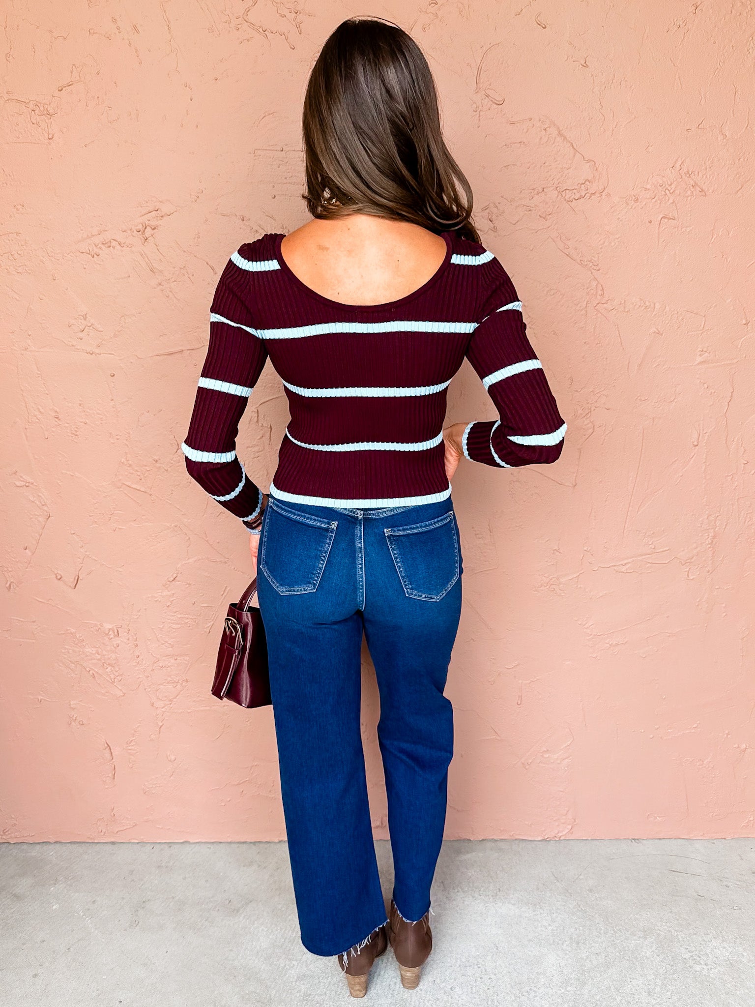 Guess Again Striped Scoop Neck Sweater-Maroon