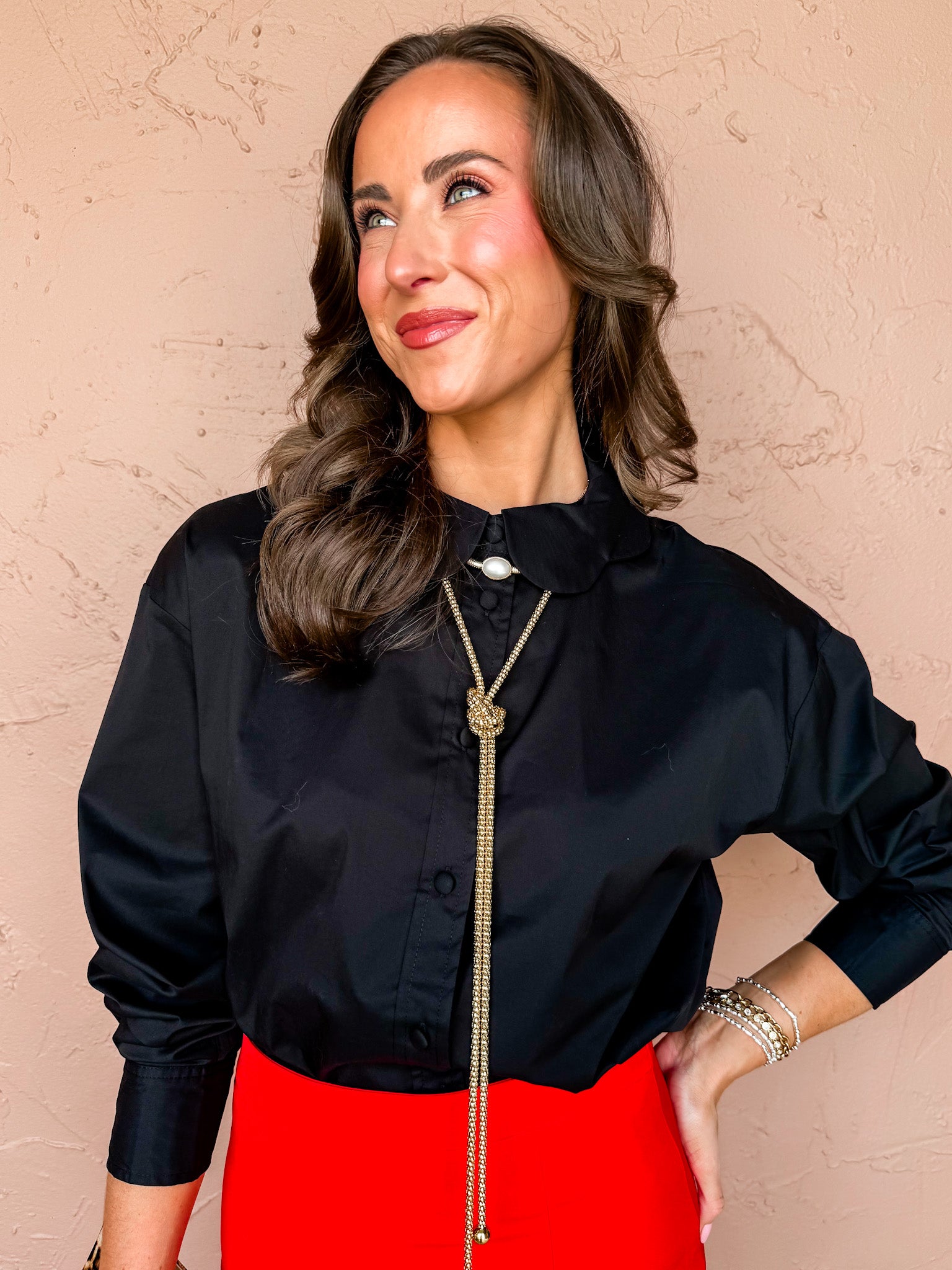 Addy Collared Scalloped Collar Top-Black