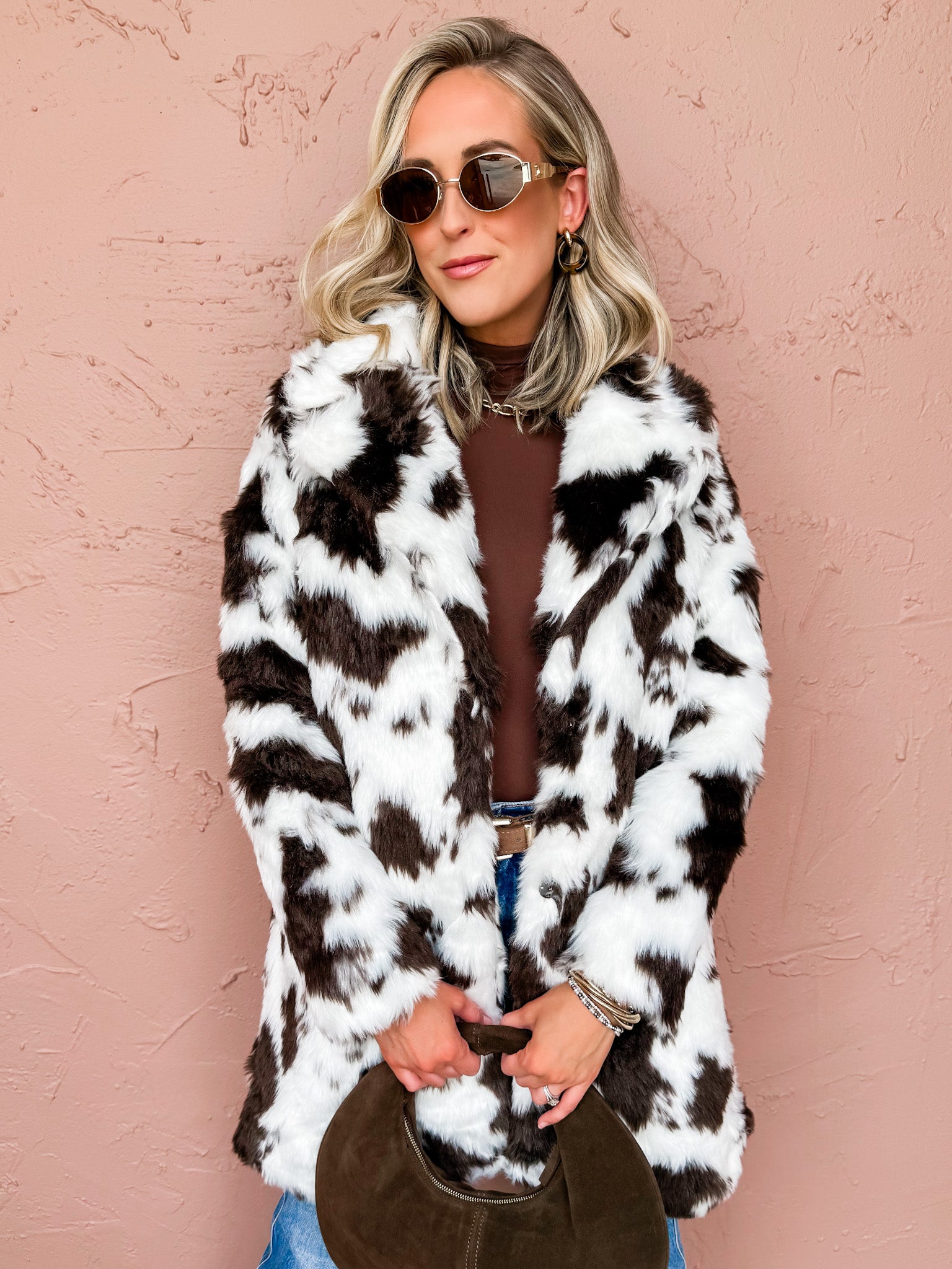 Hattie Cow Print Faux Fur Coat
