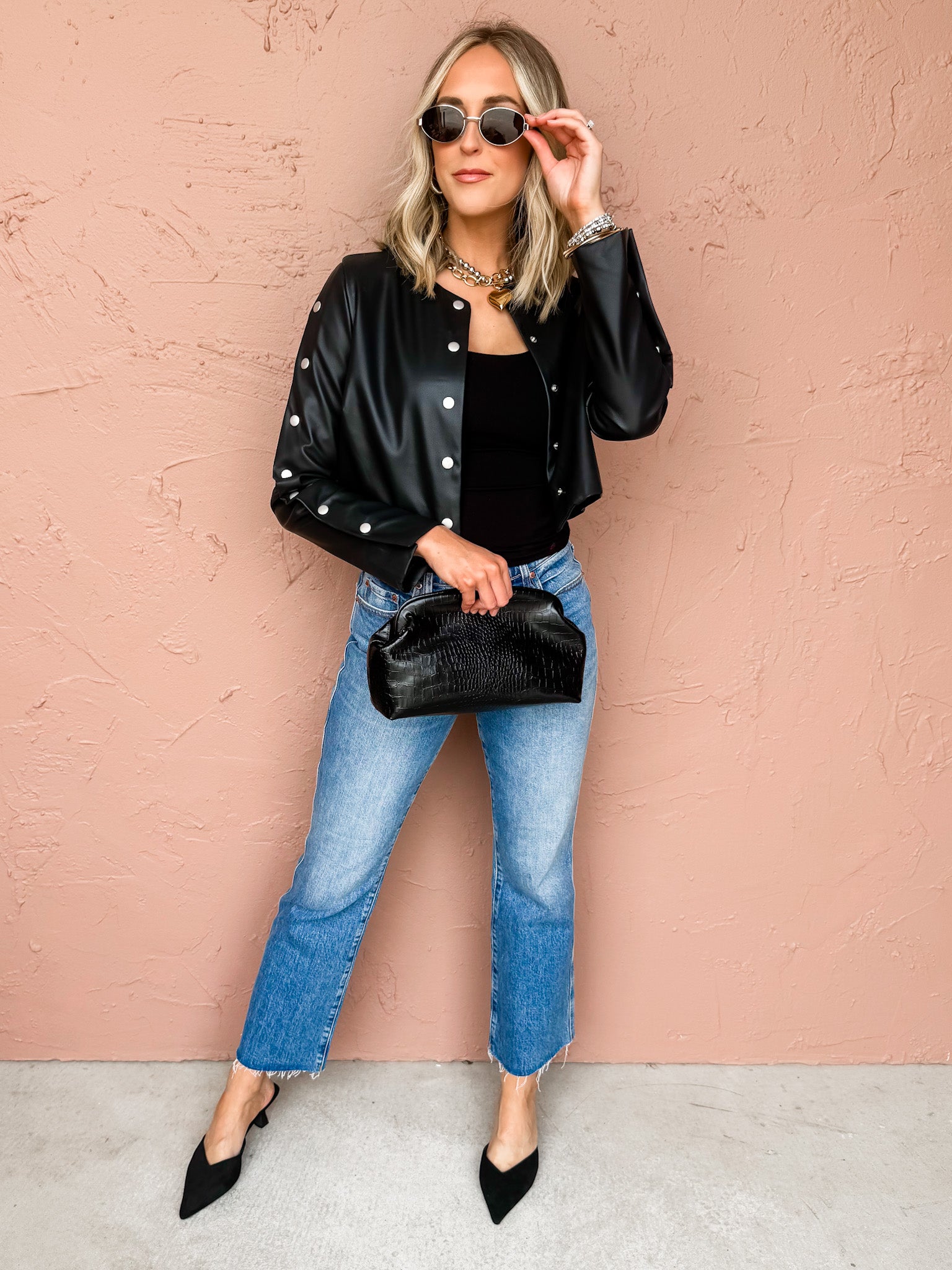 Raven Vegan Leather Snap Up Sleeve Jacket