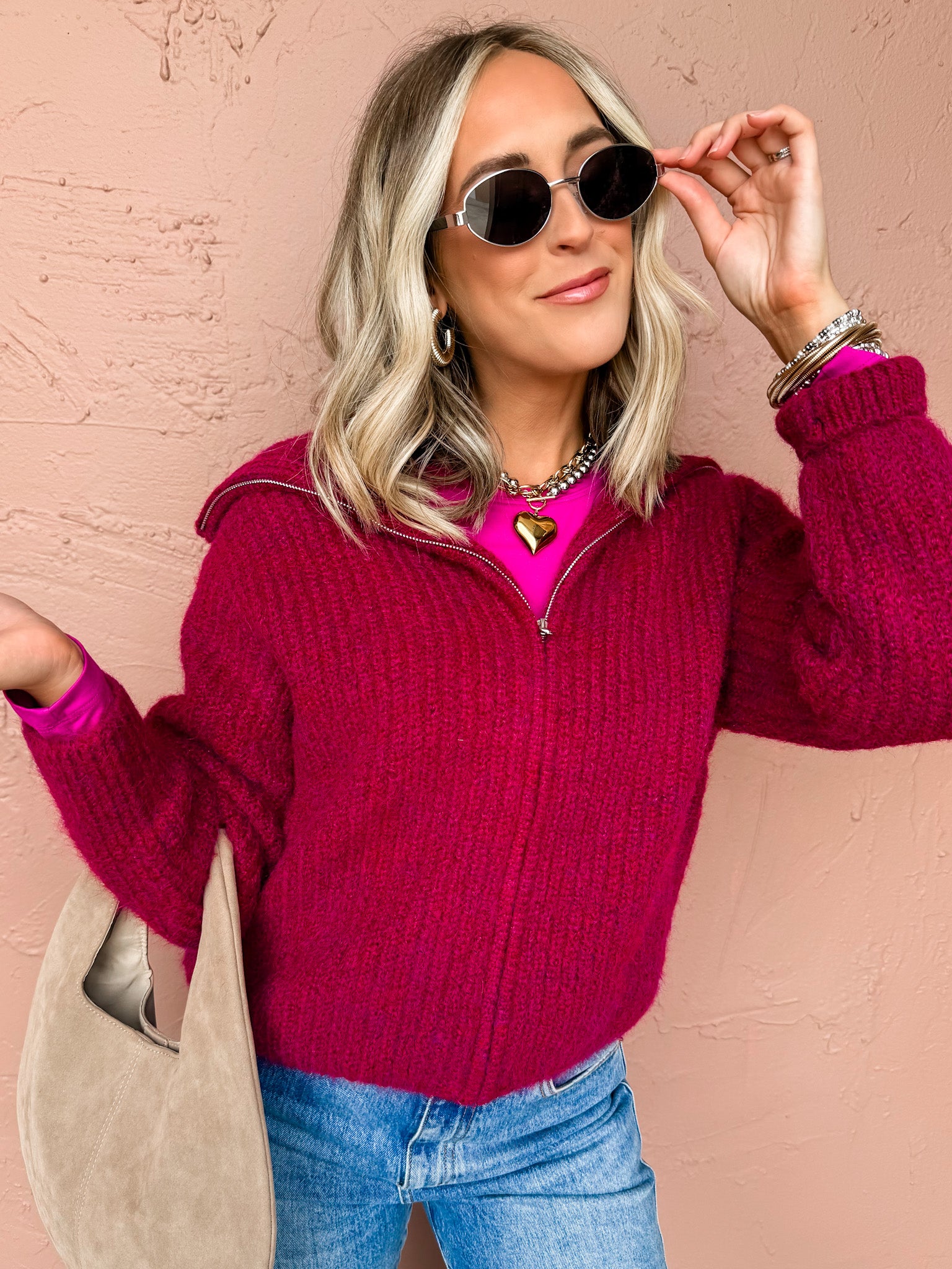 Warm Embrace Full Zip Up Sweater-Burgundy