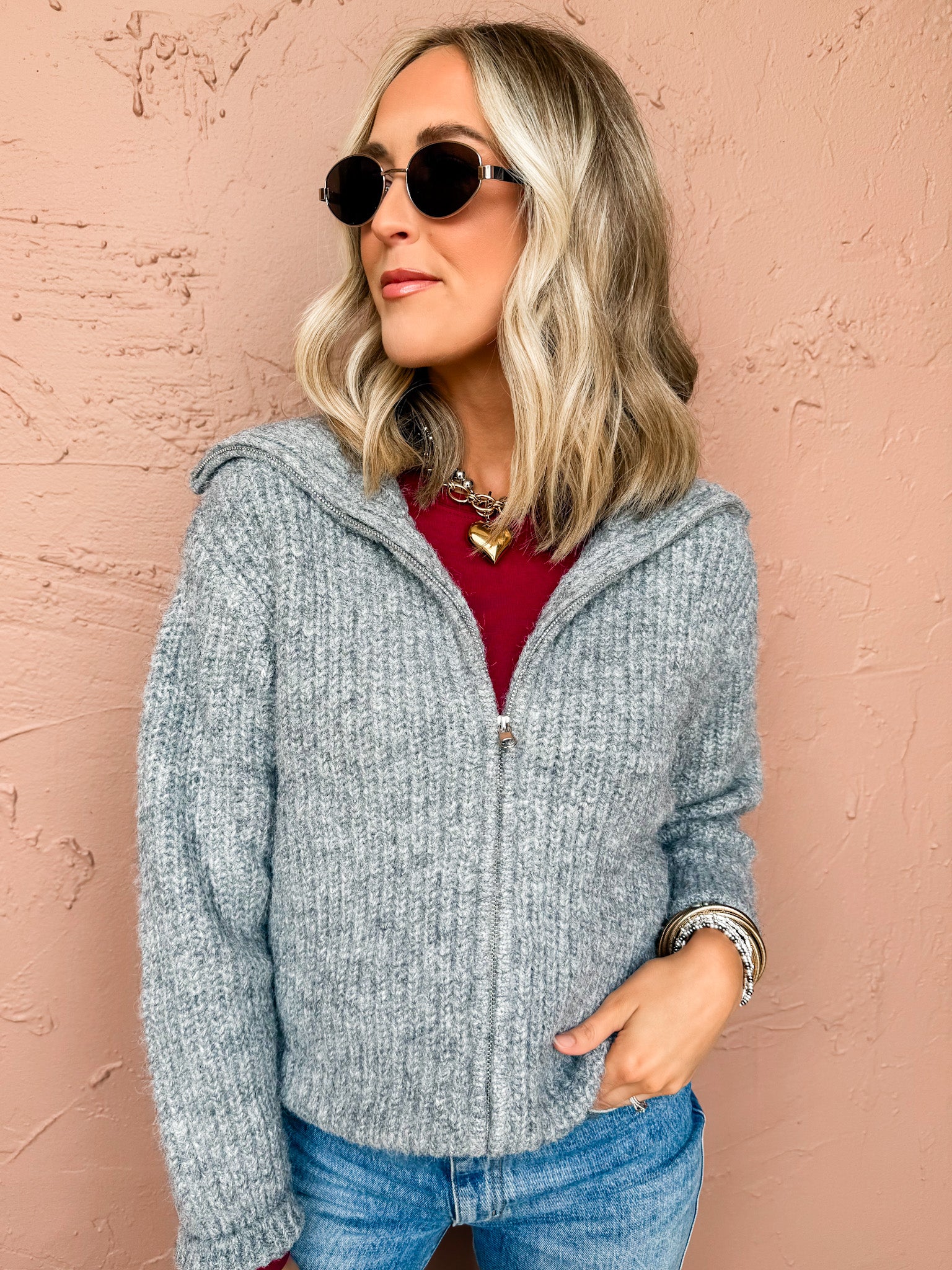Warm Embrace Full Zip Up Sweater-Grey