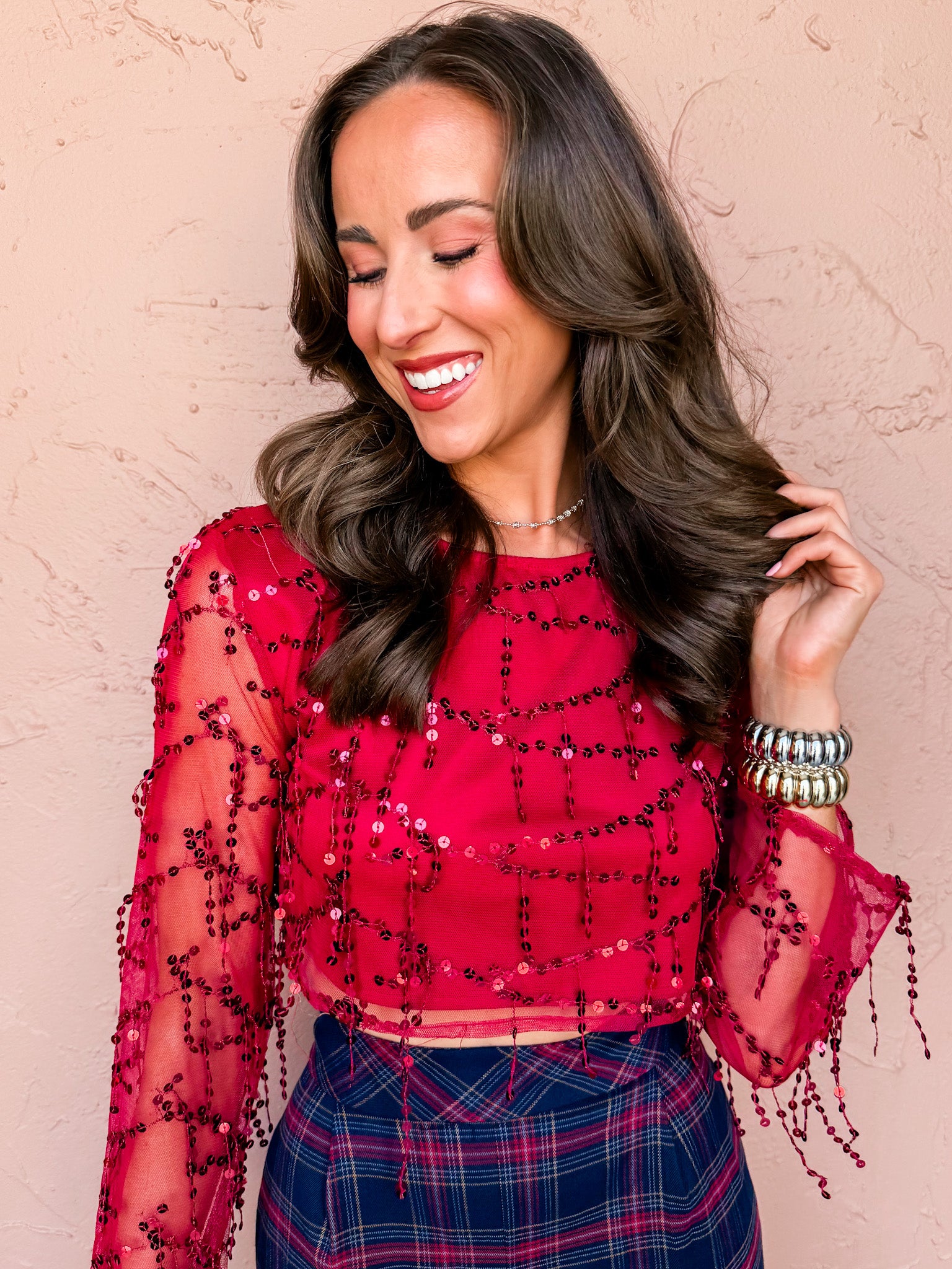 Carol Fringe Sequin Mesh Top