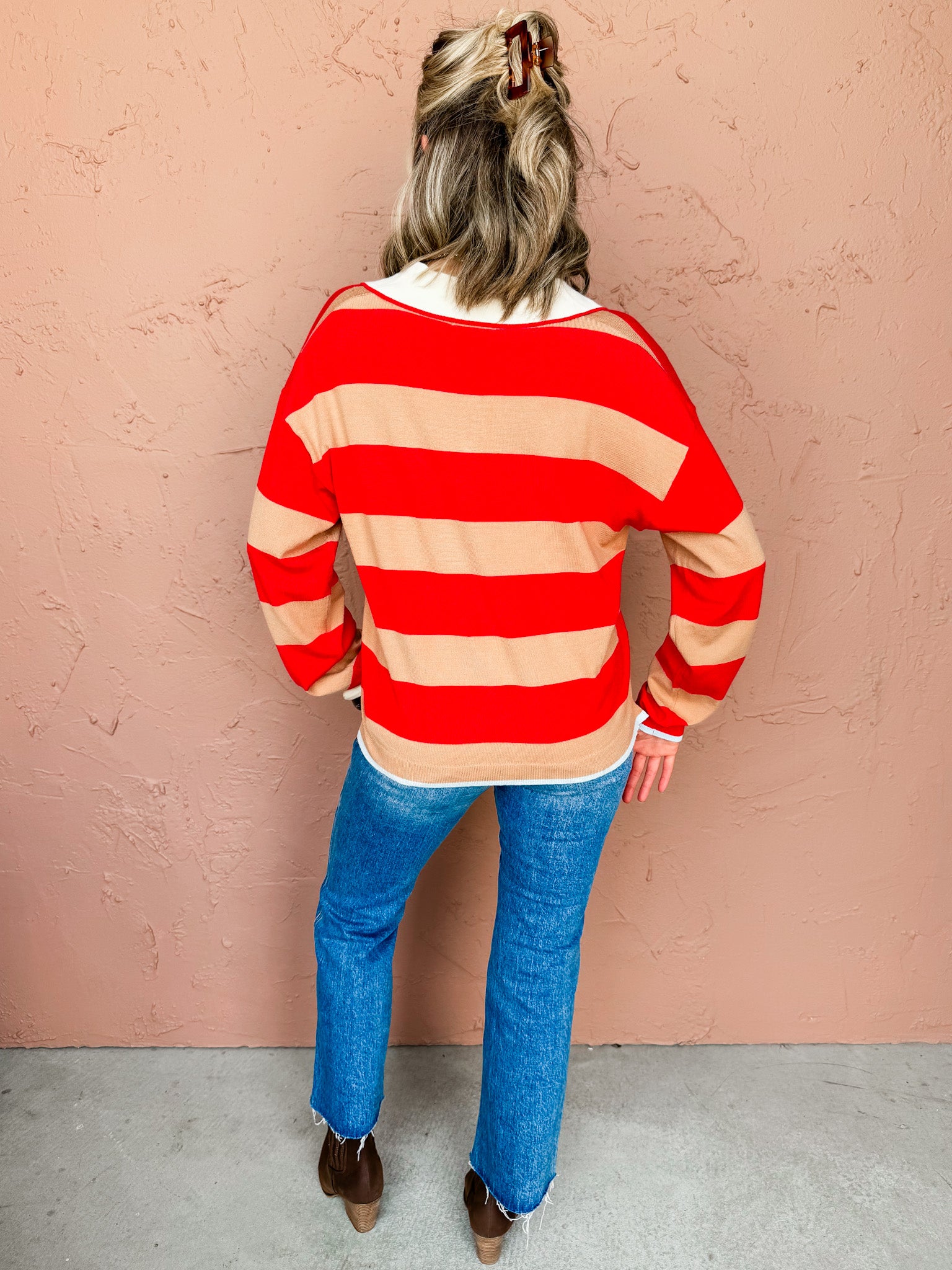Caydee Striped Rugby Sweater-Red