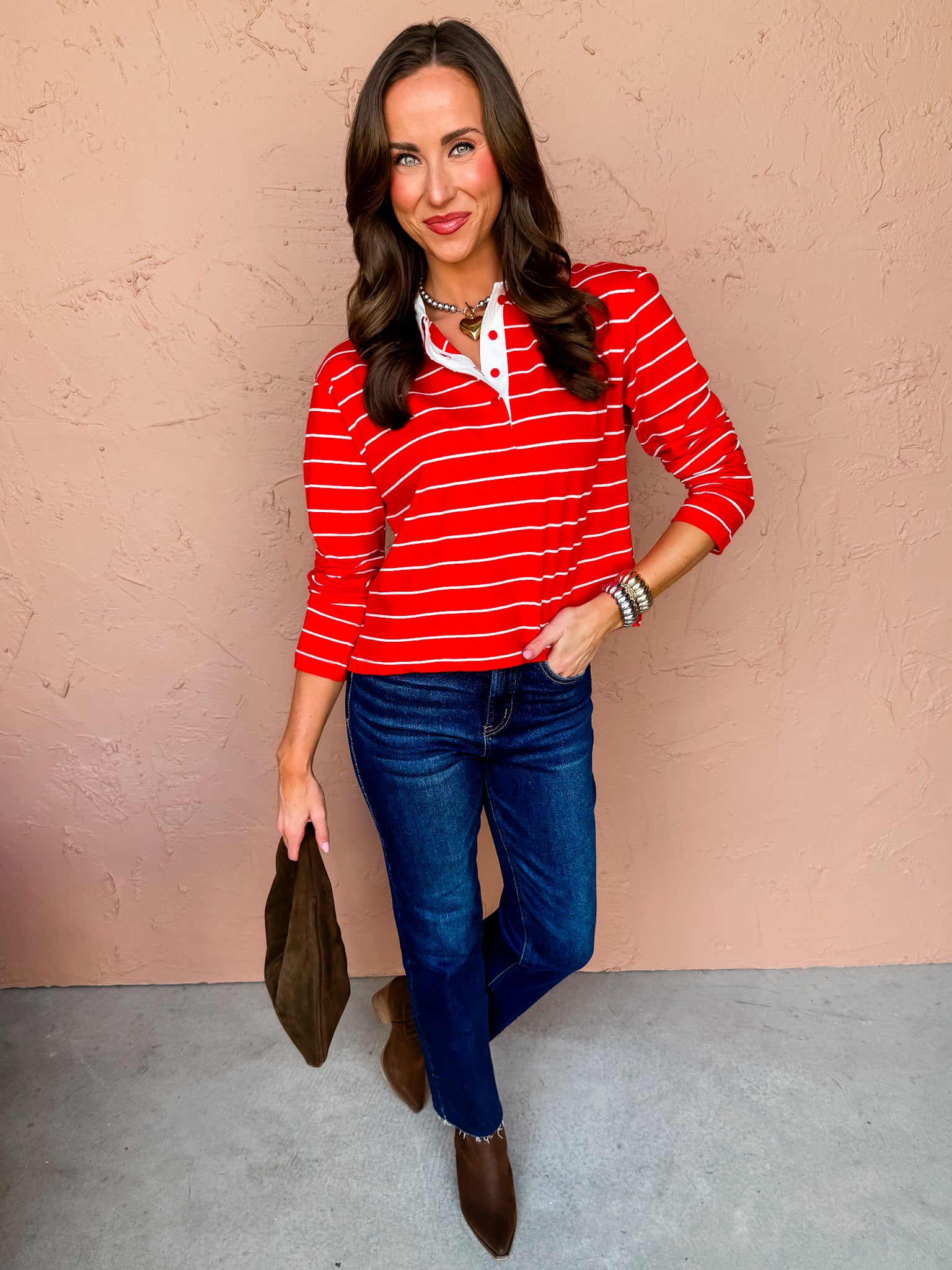 Right Direction Striped Collared Top-Red