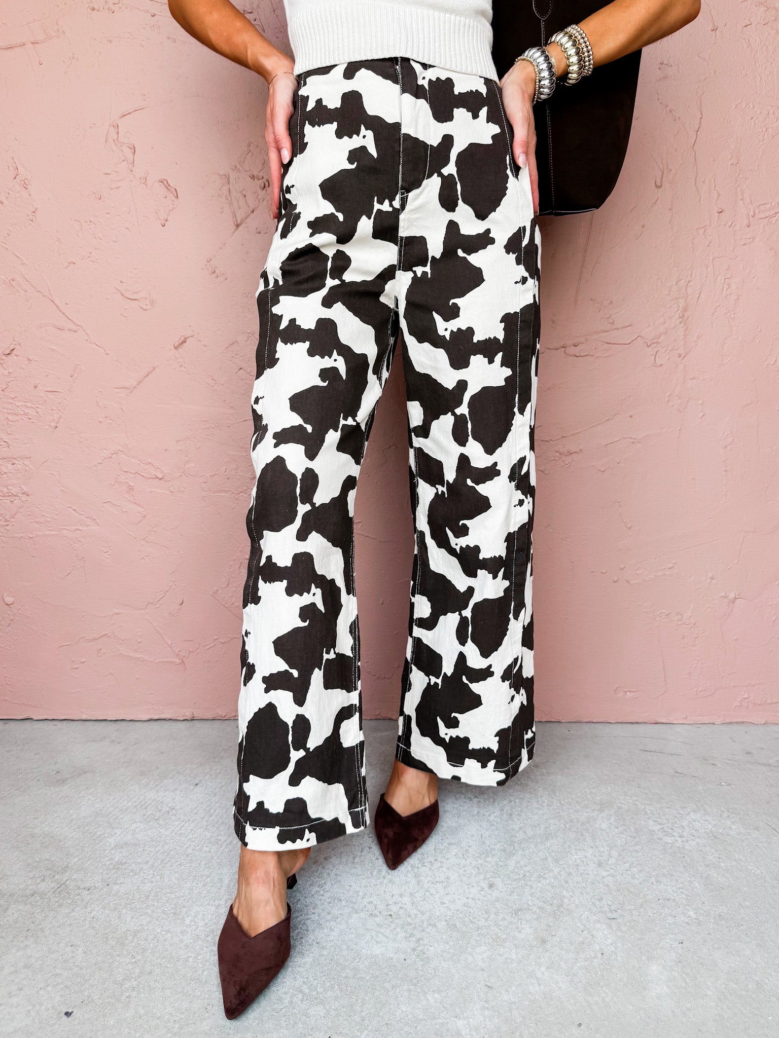 パンツ Vegan Leather Cow Printed Pants Ruth Cow Print Wide Leg Pants