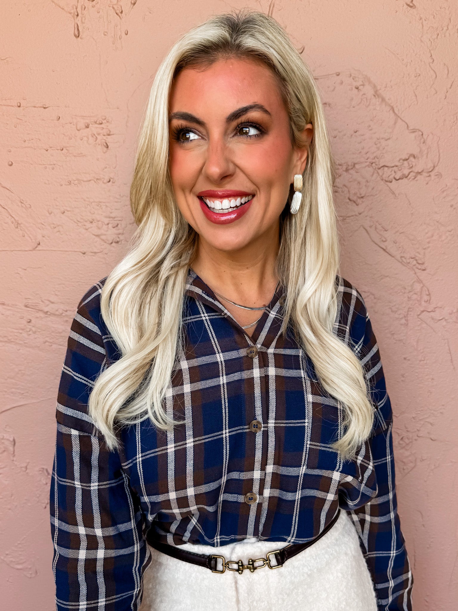 Woodland Plaid Button Front Top-Navy