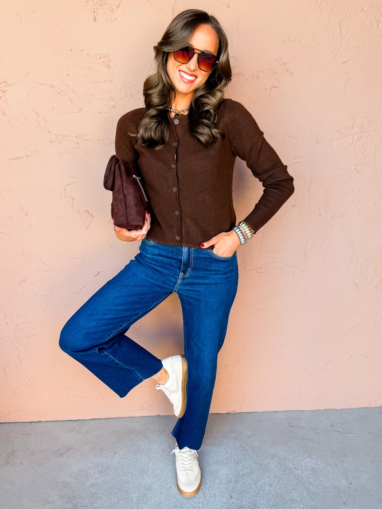 Crew Connection Button Front Cardigan-Brown