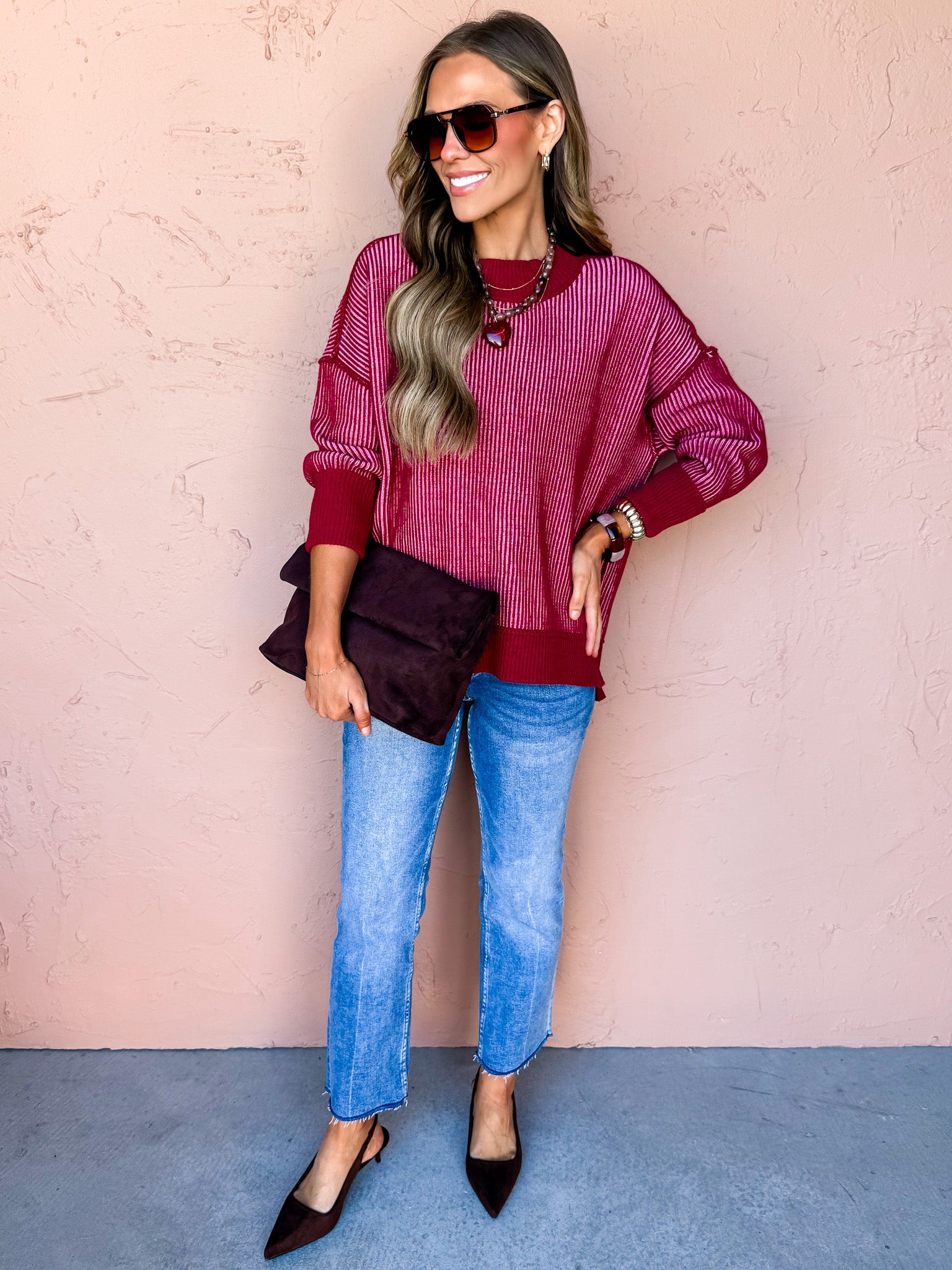 Wren Two Tone Sweater-Burgundy