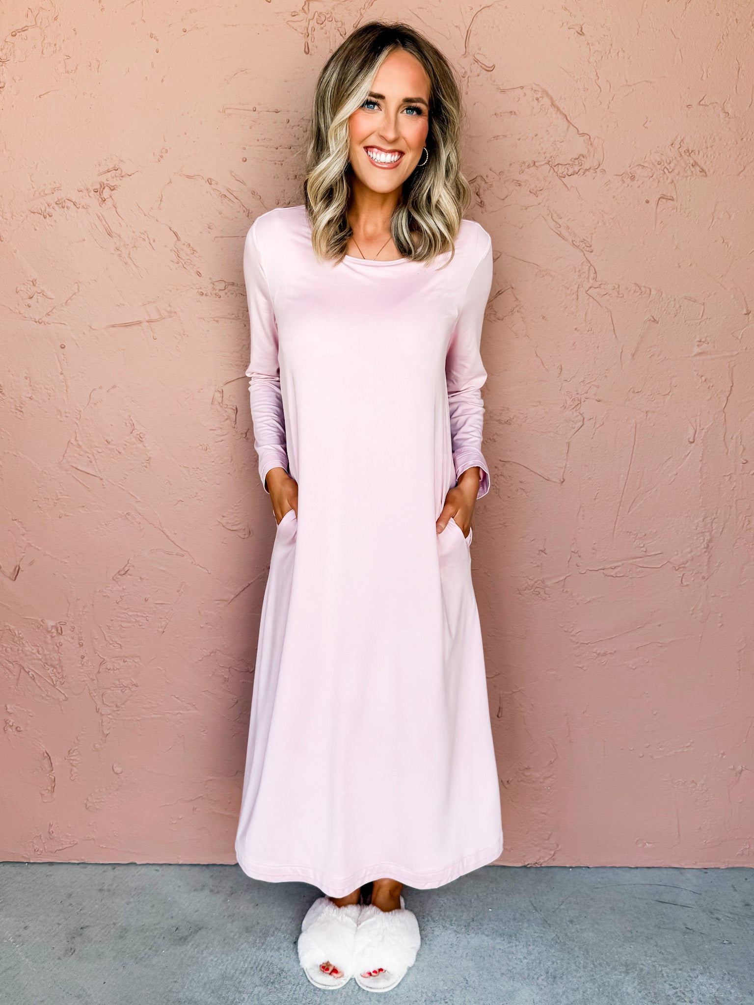 Aubrey Long Sleeve House Dress-Pink Blush