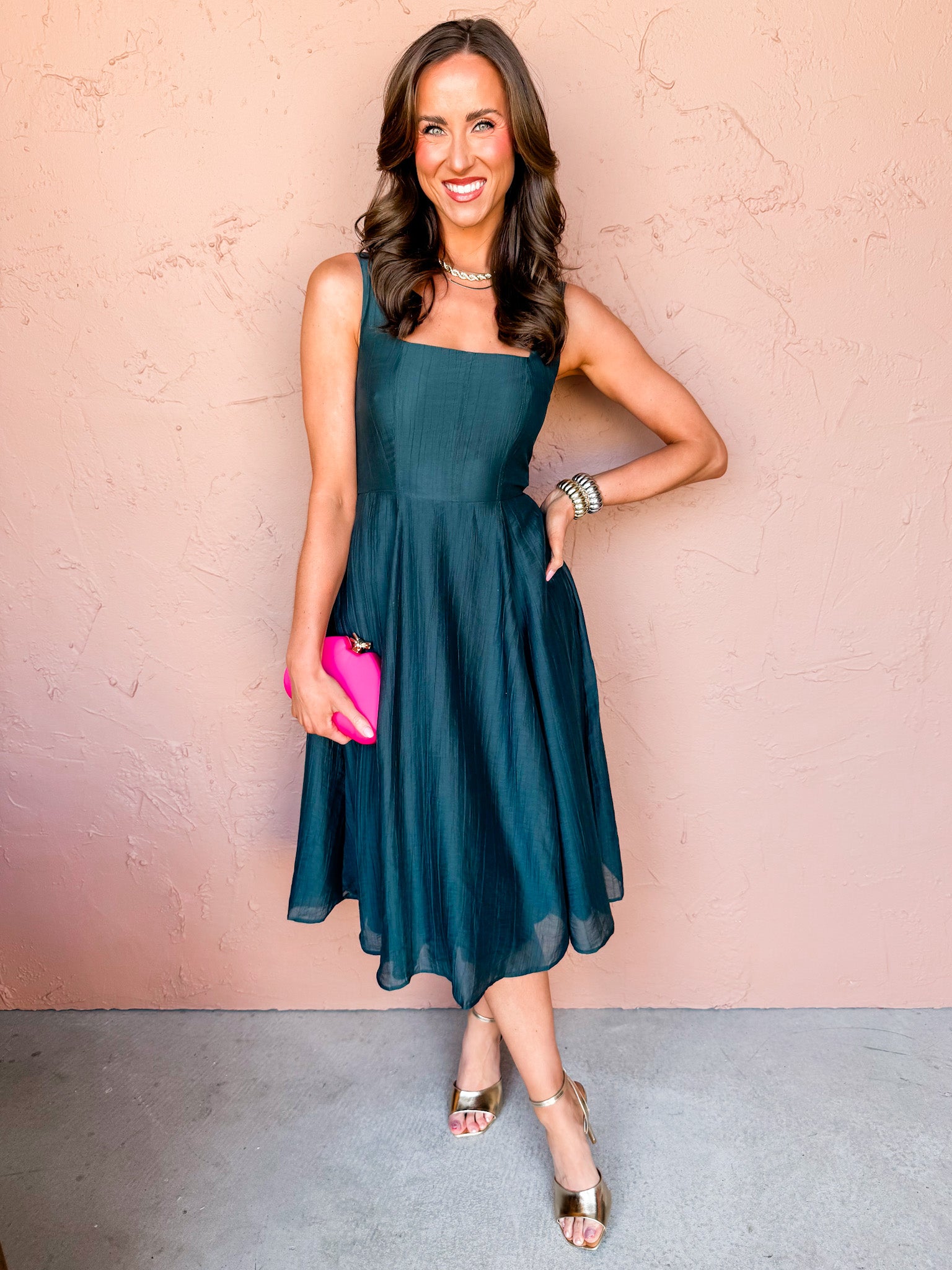 Ava Square Neck Midi Dress-Green