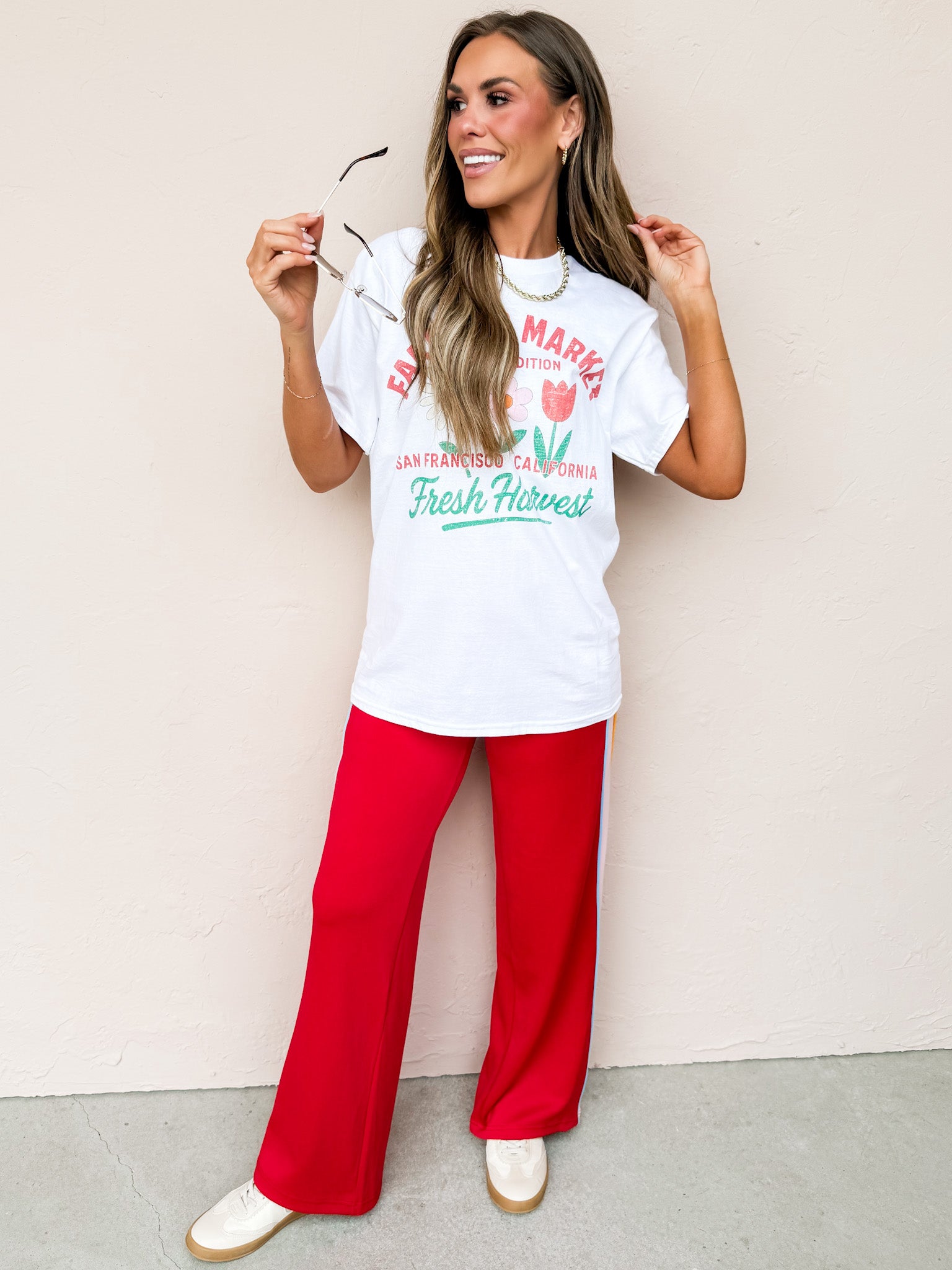 Harper Color Block Knit Track Pants-Red