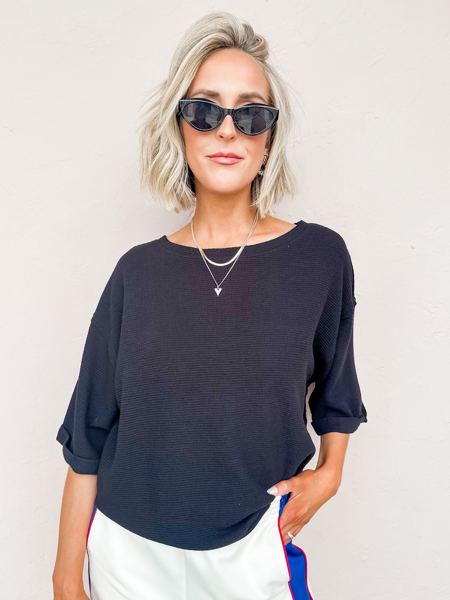 Rainy Waffle Knit Top-Black