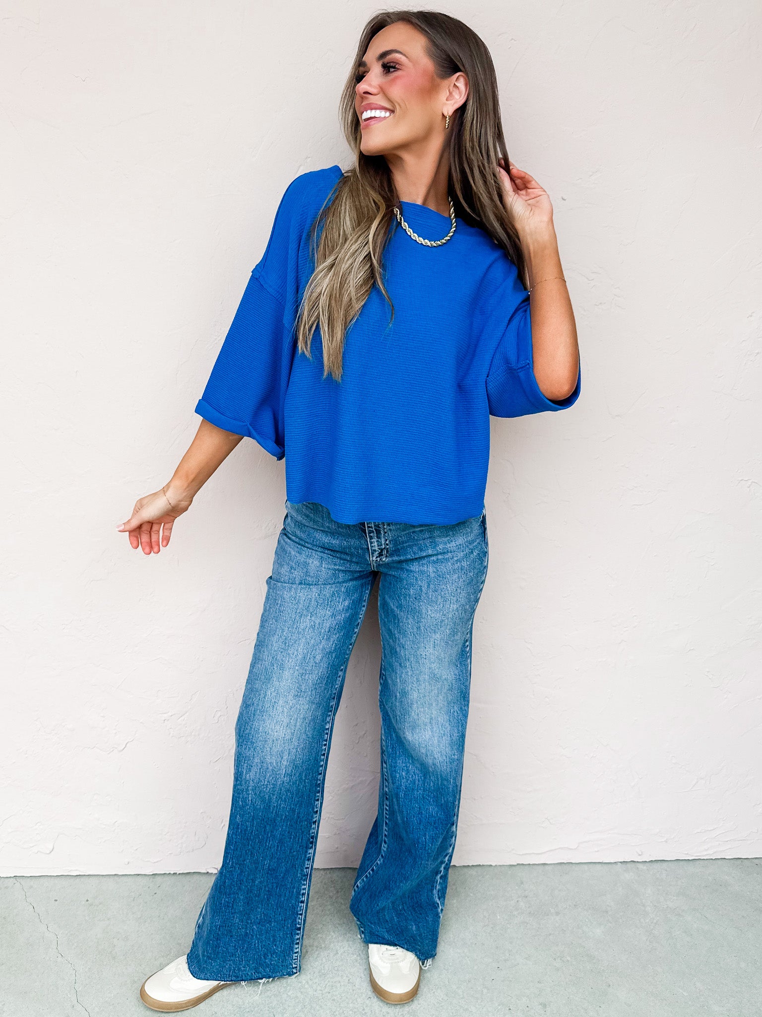 Rainy Waffle Knit Top-Blue