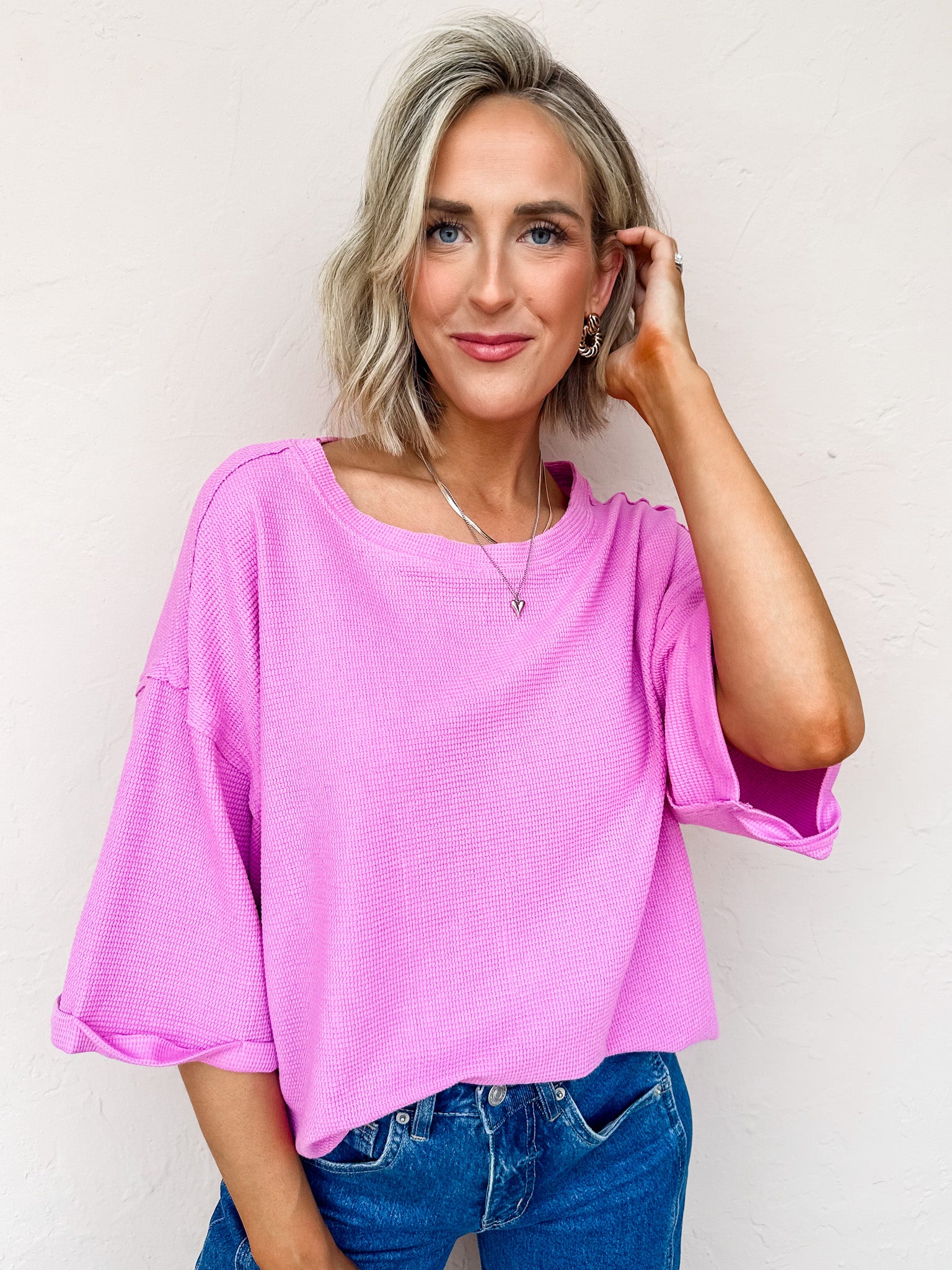 Rainy Waffle Knit Top-Pink