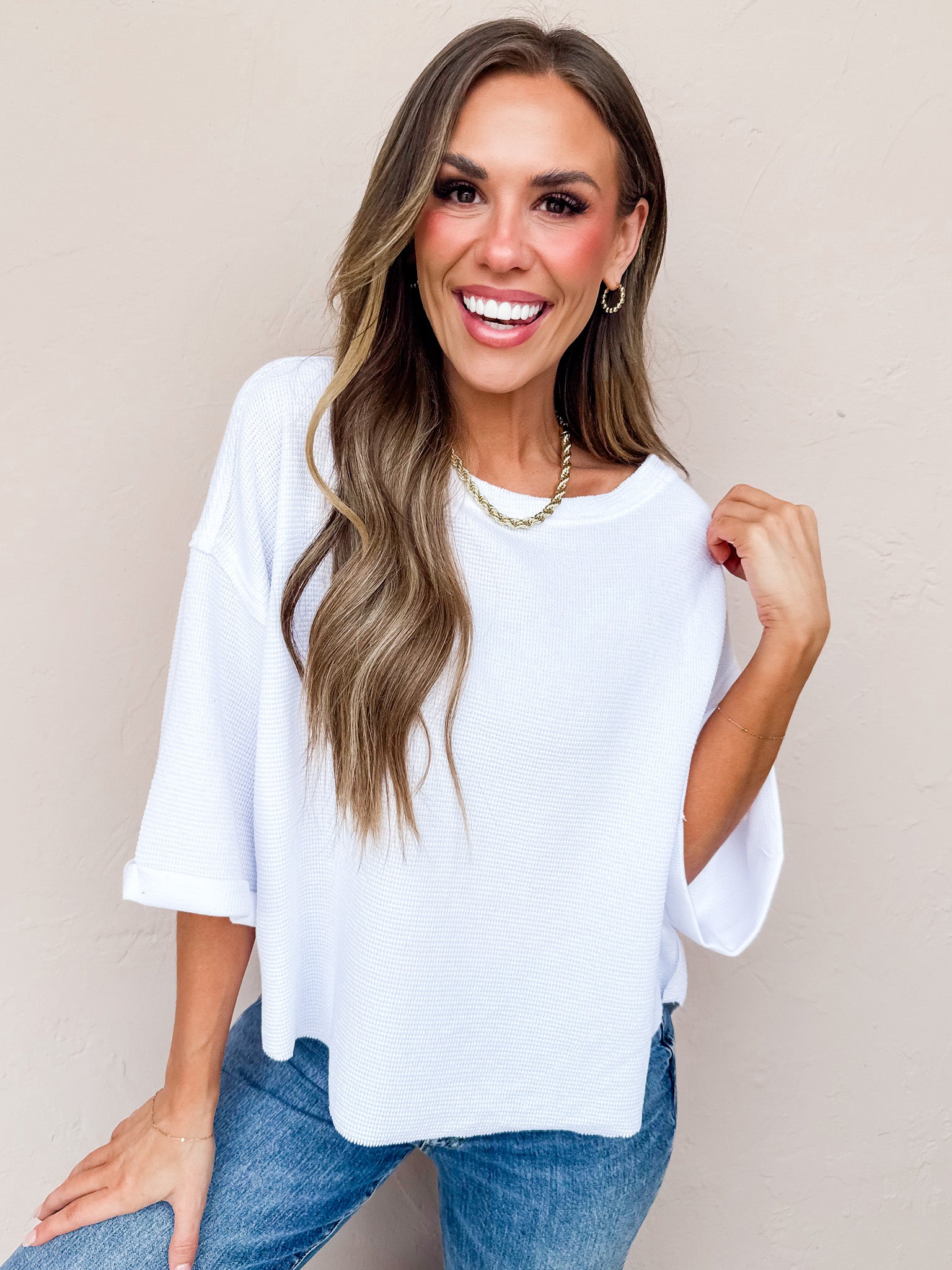 Rainy Waffle Knit Top-White