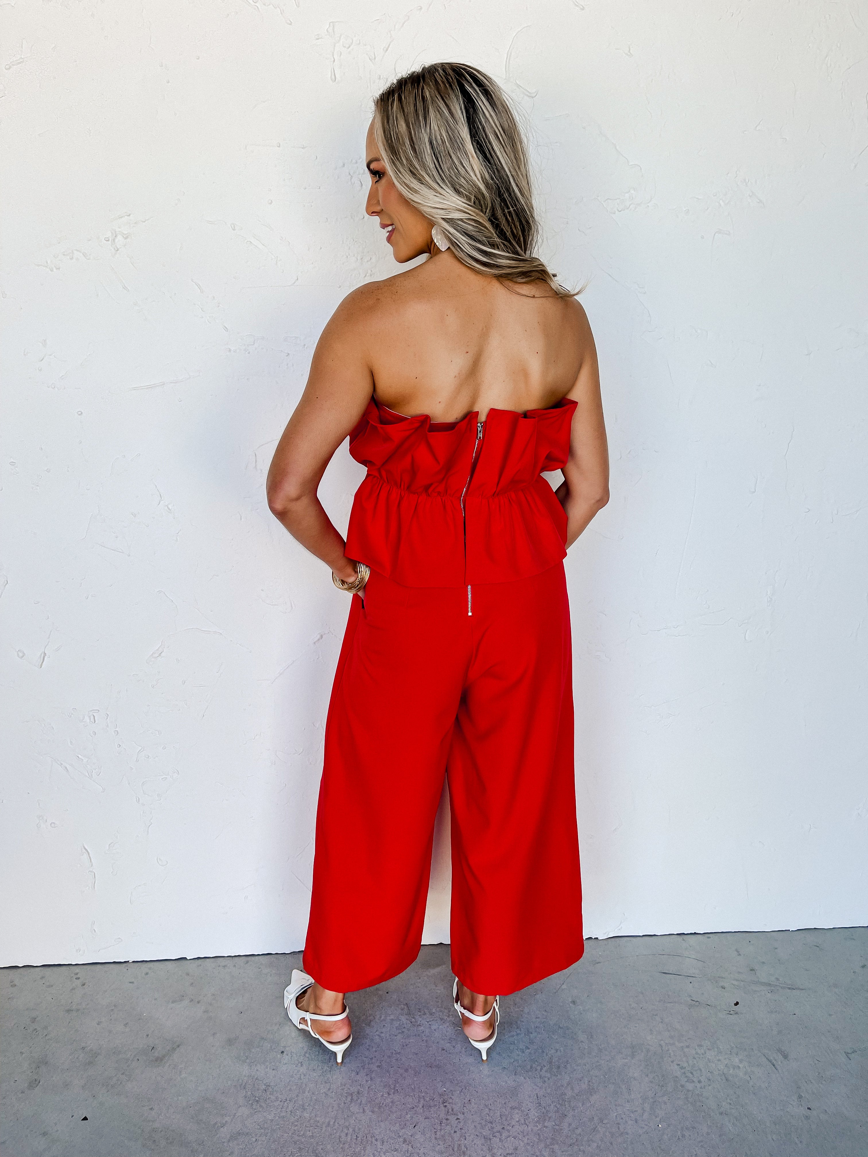 About Last Night Strapless Ruffle Jumpsuit