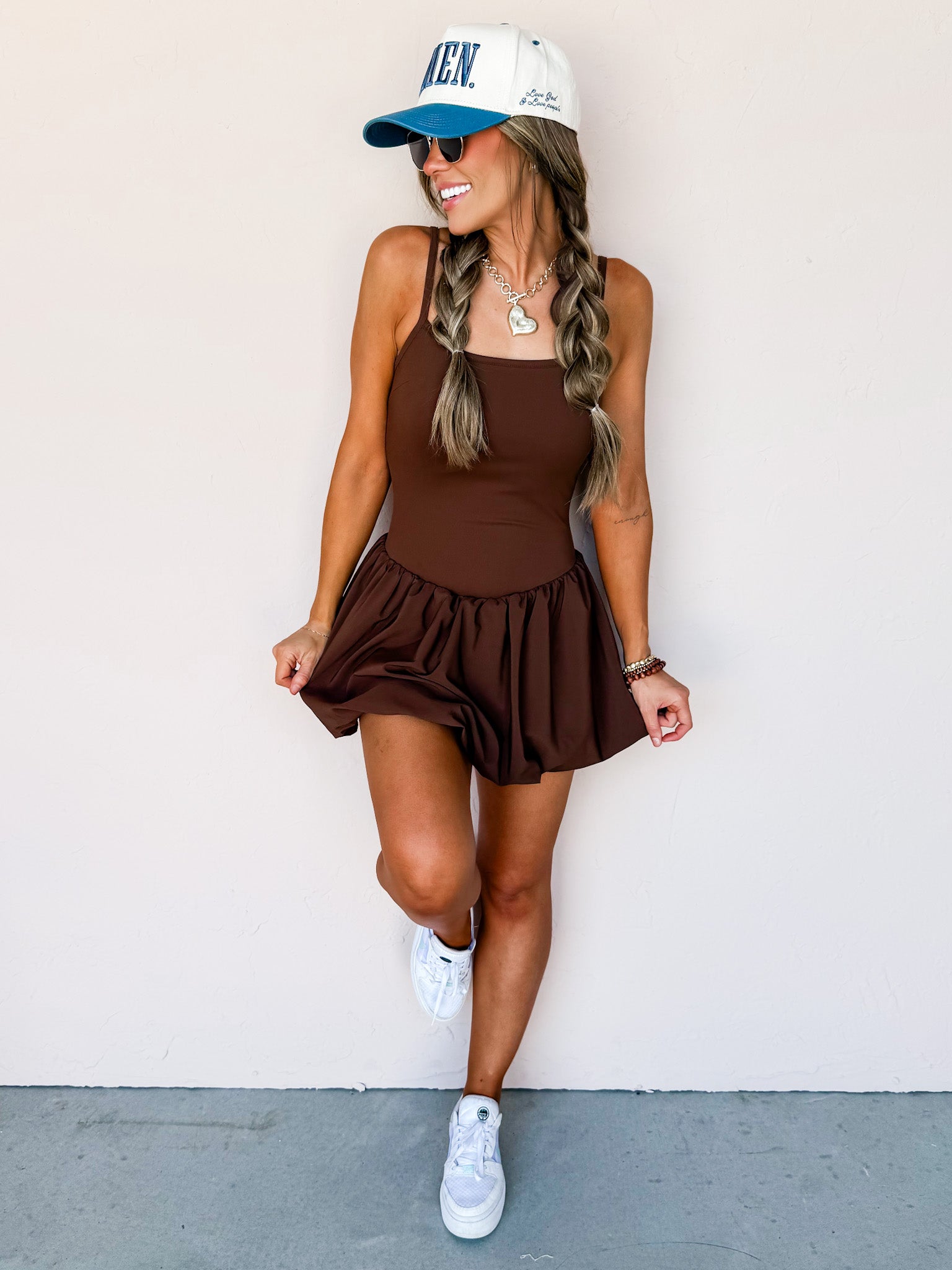 All About It Bubble Hem Active Mini Dress-Brown