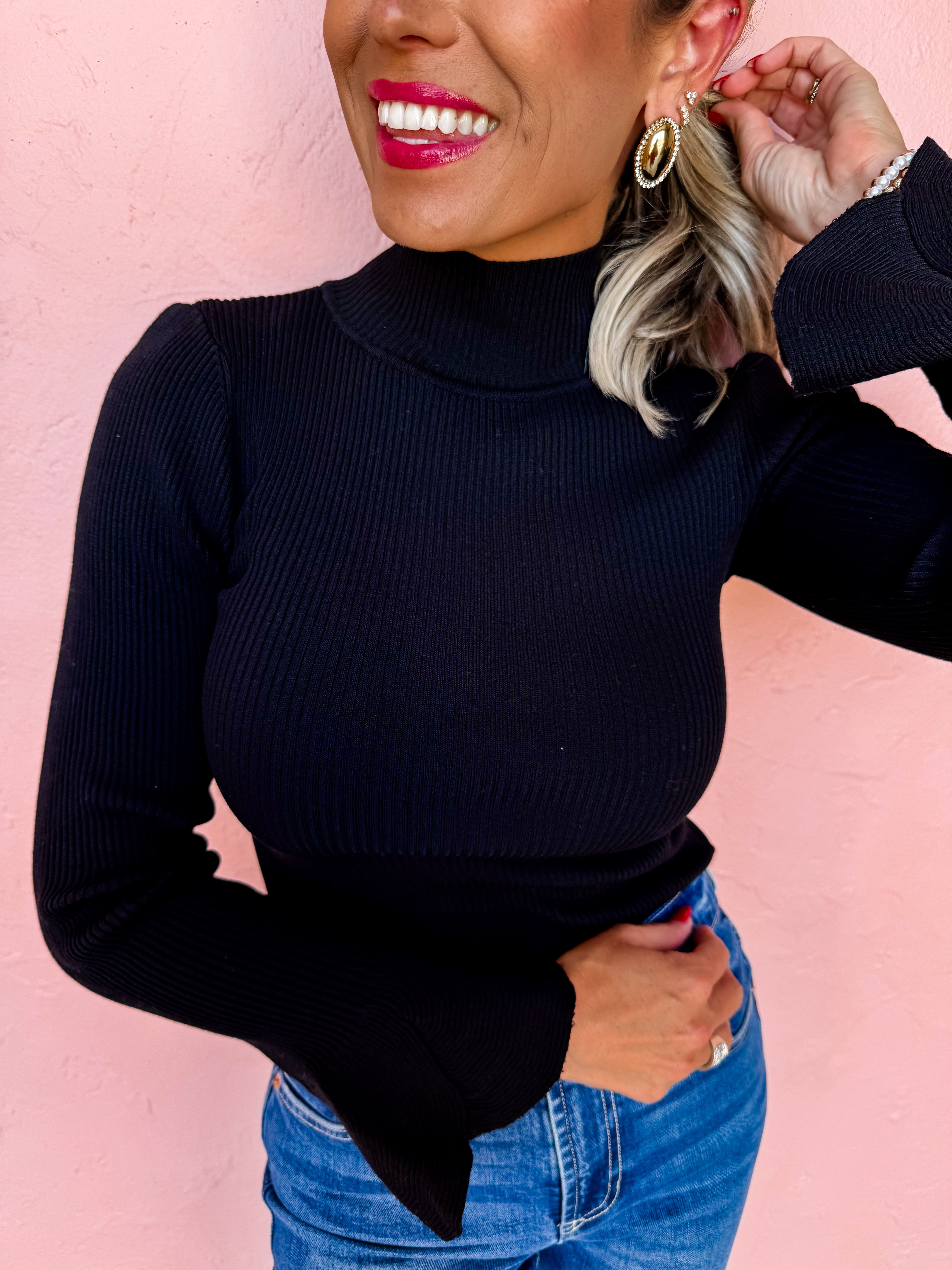 Almost Forever Mock Neck Sweater-Black