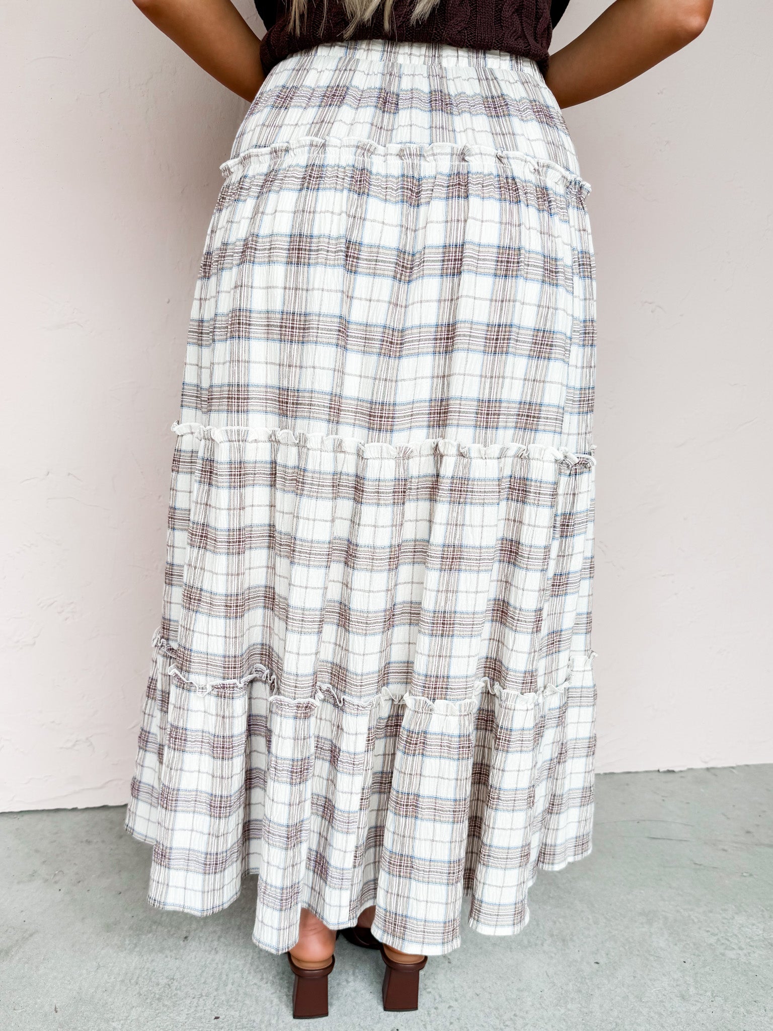 Midi Skirt Plaid Layered Maxi Skirt Vintage Brown Grid Skirt - Main Image