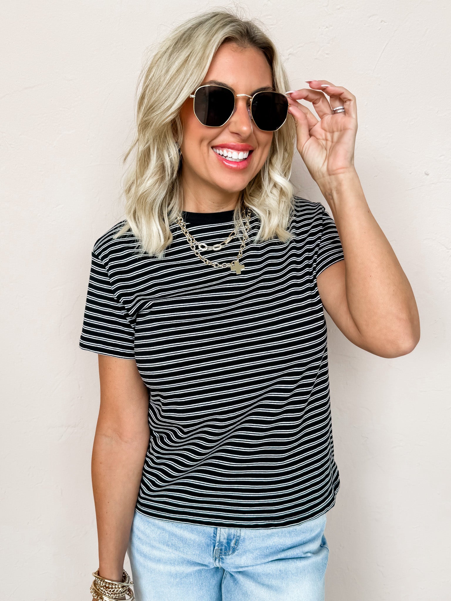 Always In Style Striped Short Sleeve Top-Black