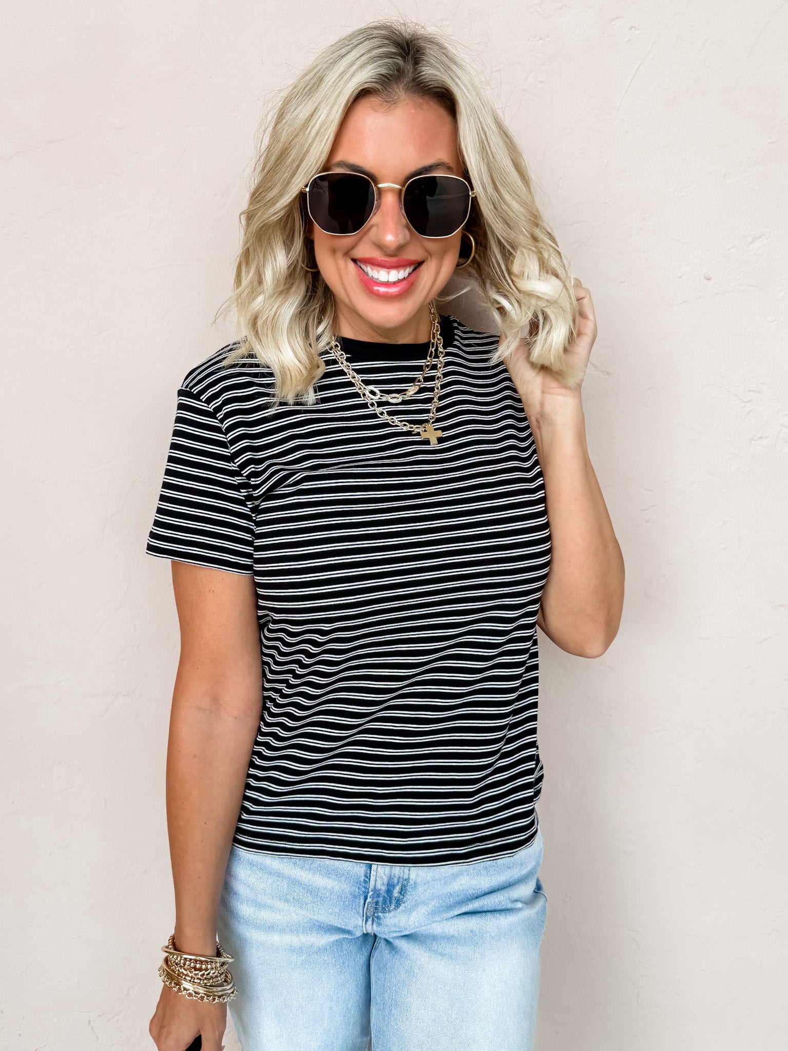 Always In Style Striped Short Sleeve Top-Black