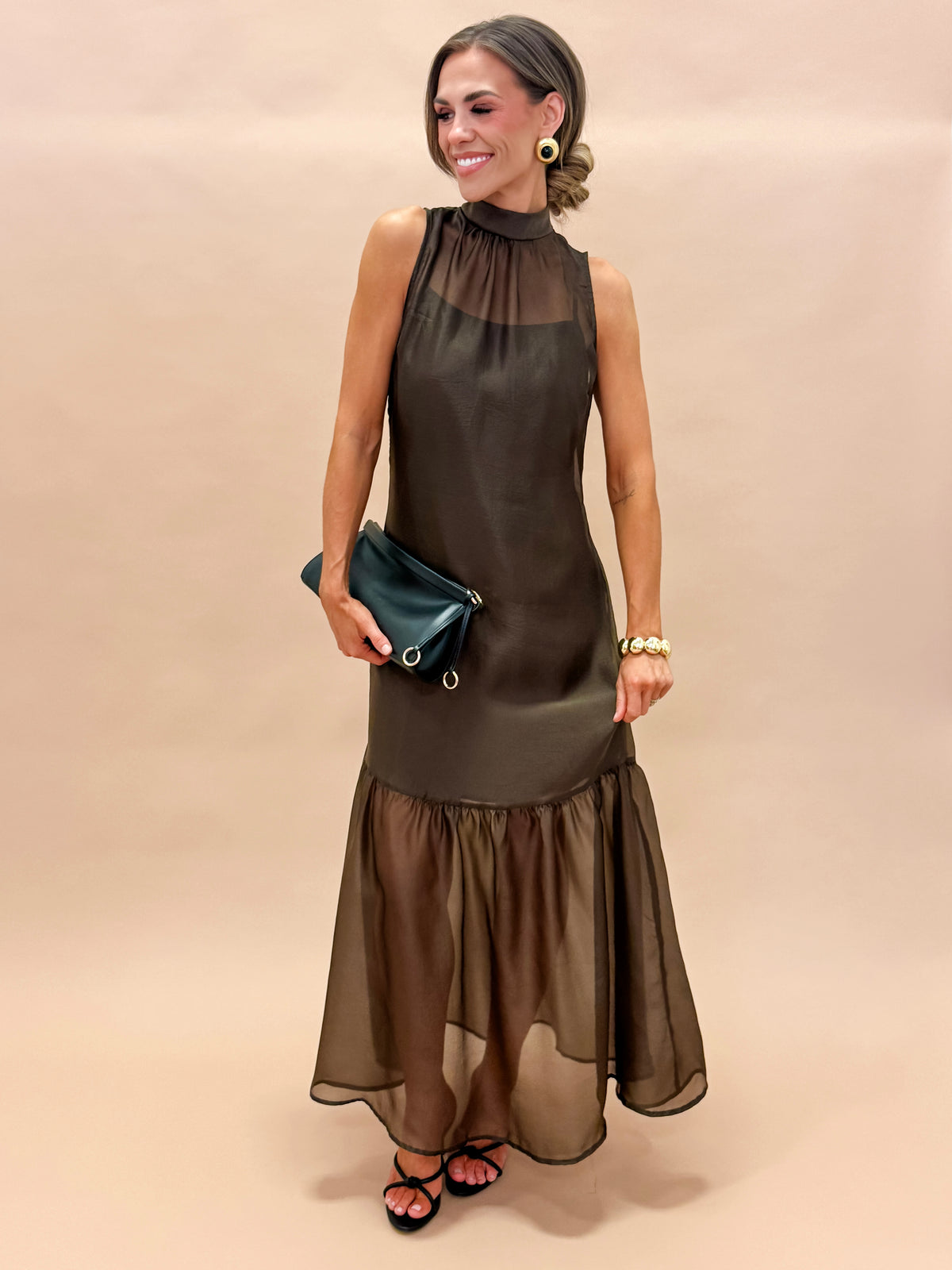 Angela Organza Mock Neck Maxi Dress-Brown