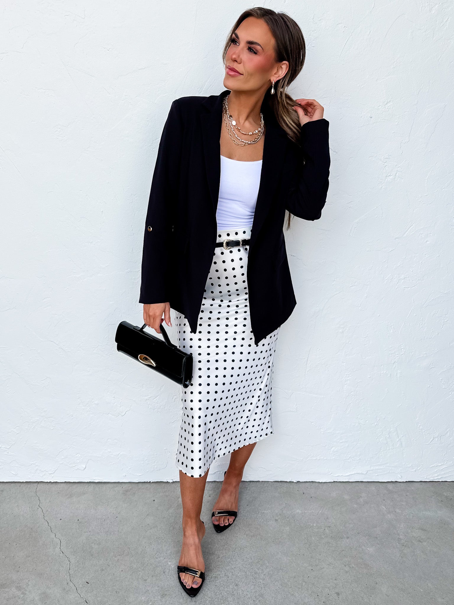 Aniston Slip Midi Skirt-Ivory Polka Dot