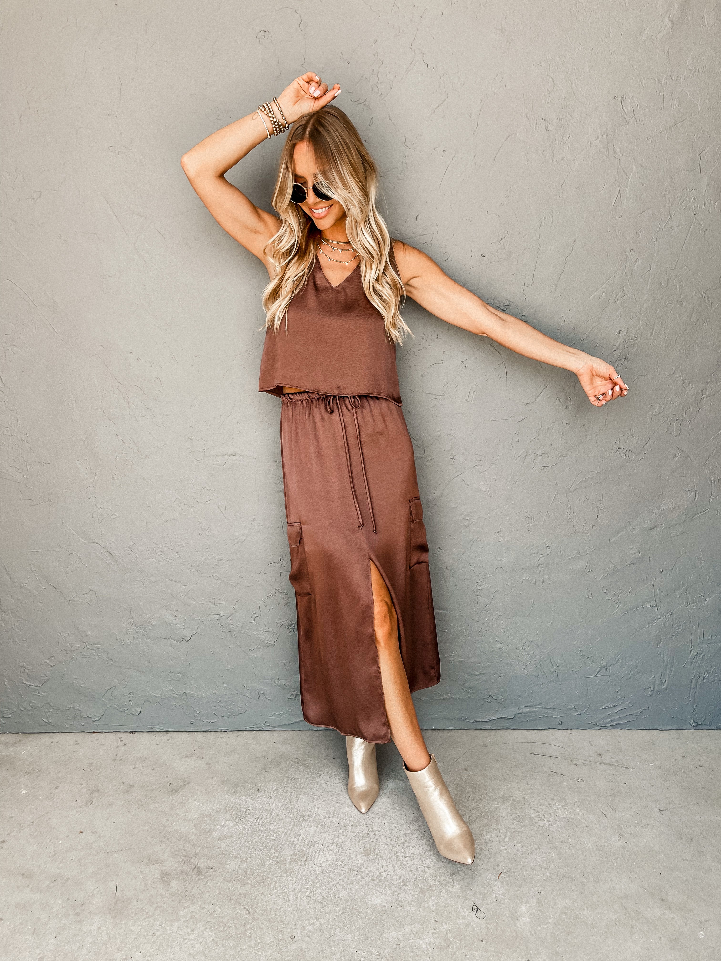 Another Reason V Neck Sleeveless Top-Brown